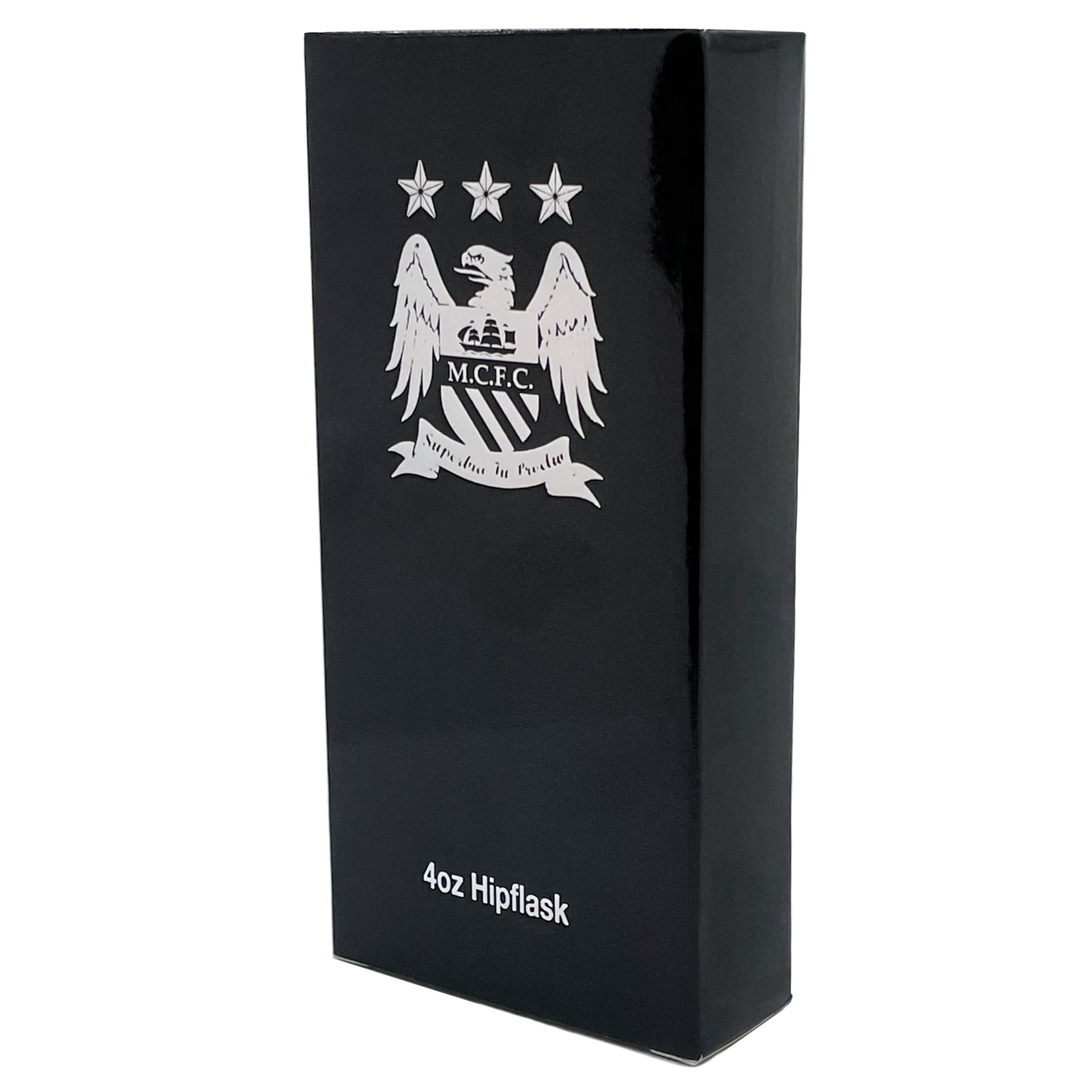 Man City 4oz chrome hip flask with crest in a branded presentation gift box.