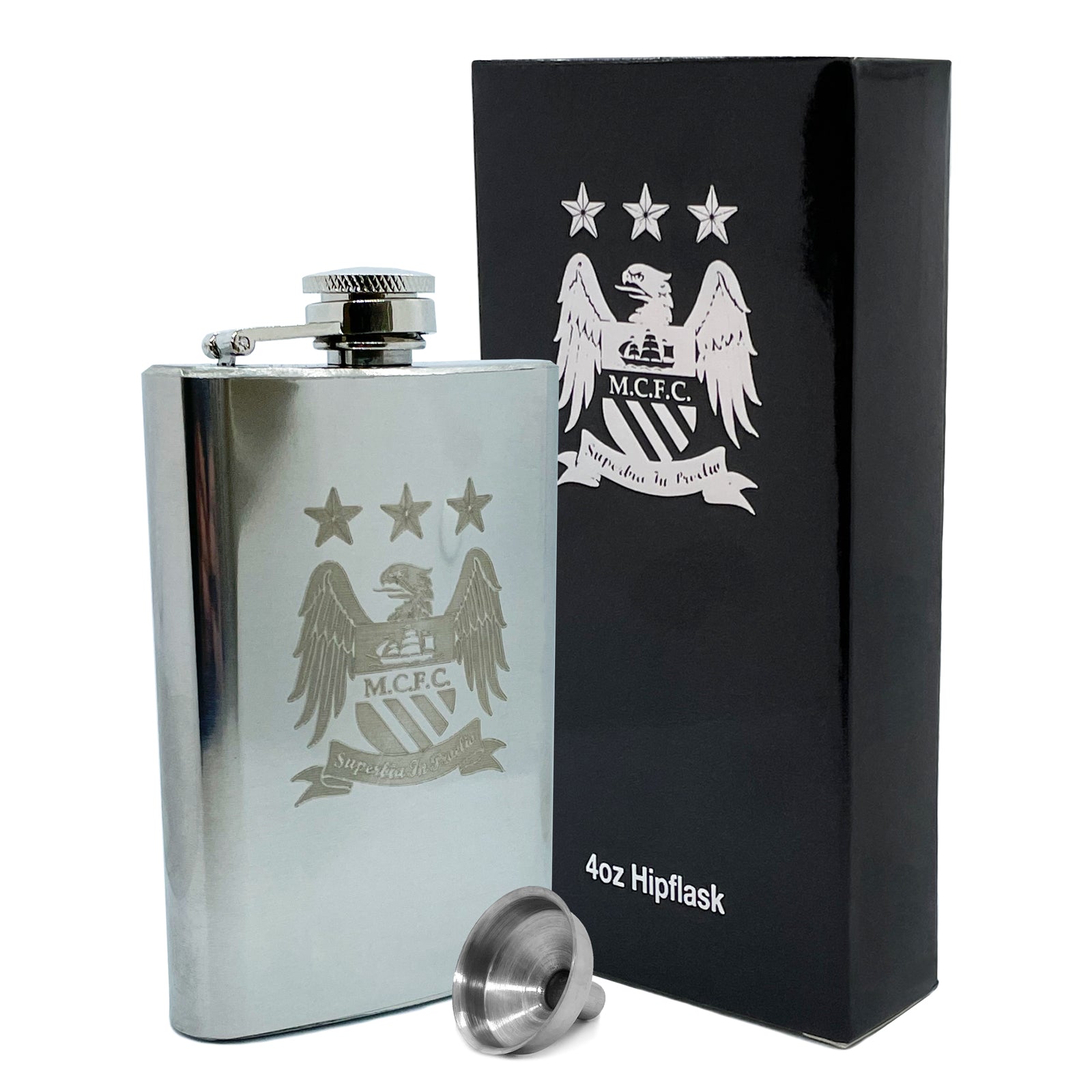 Man City 4oz chrome hip flask with crest in a branded presentation gift box.