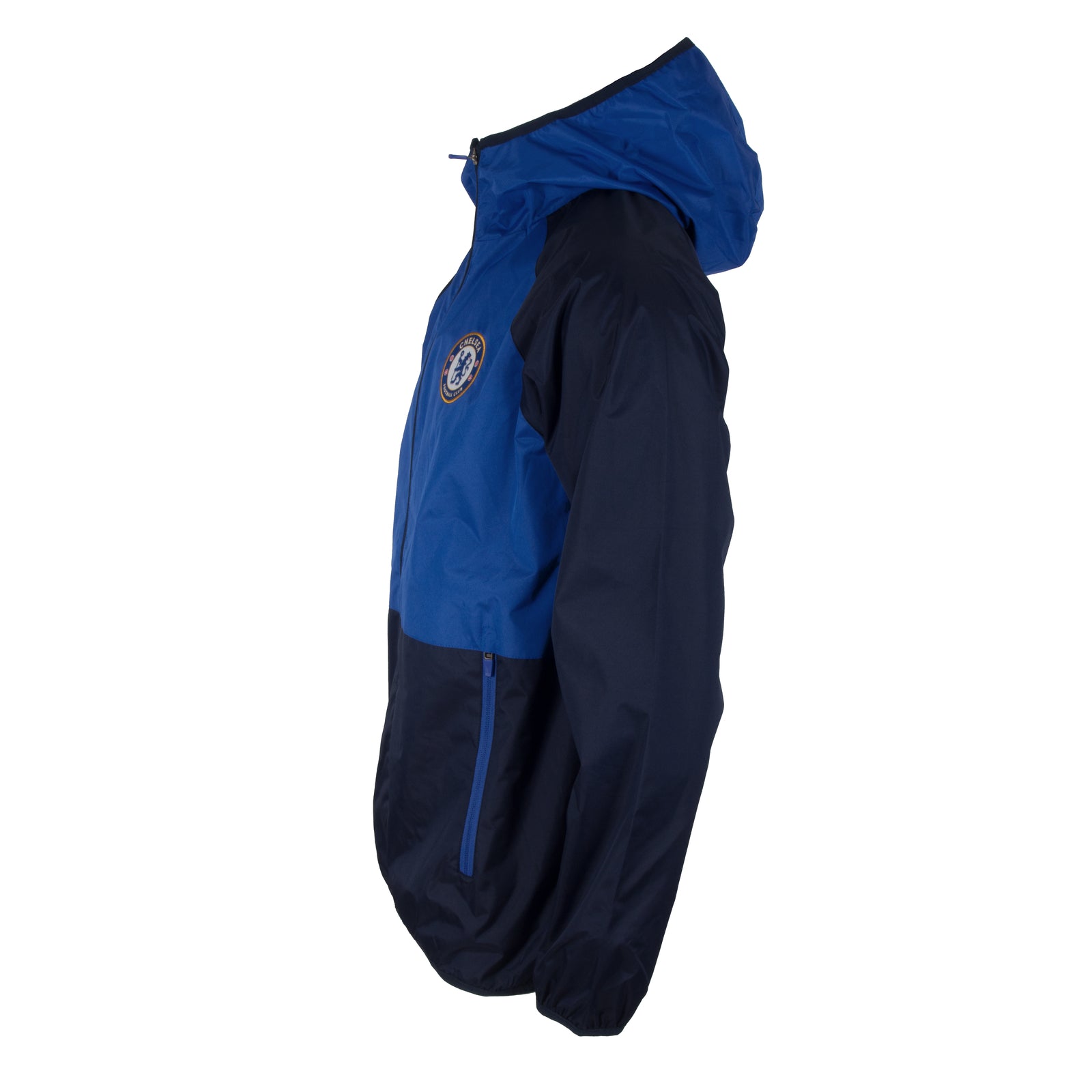 Chelsea adults shower jacket with hood in navy blue with club crest to chest.
