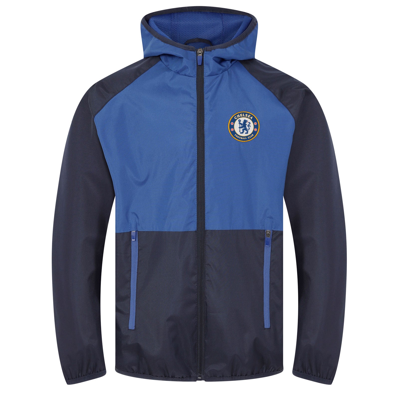 Chelsea adults shower jacket with hood in navy blue with club crest to chest.