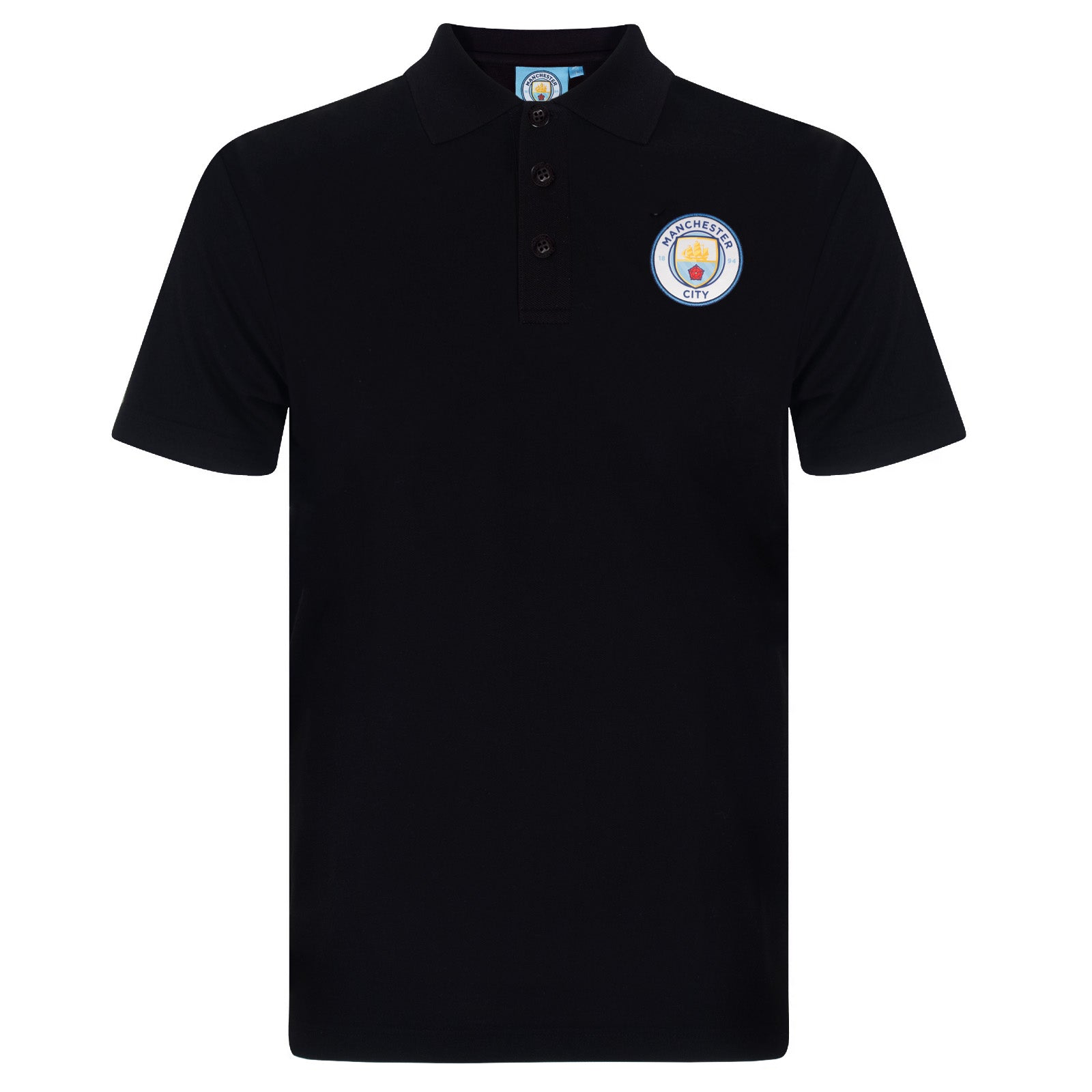 Man City adults polo shirt in black with club crest to the chest.