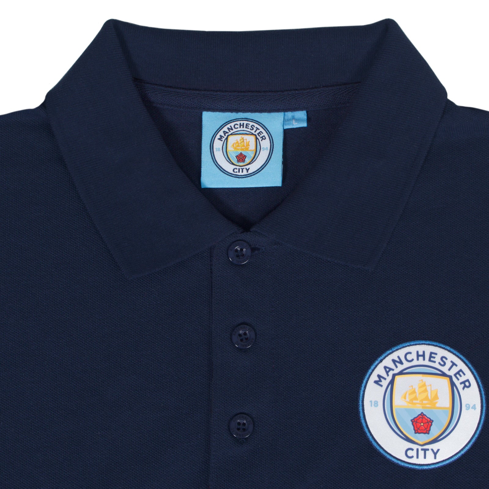 Man City adults polo shirt in navy blue with club crest to the chest.