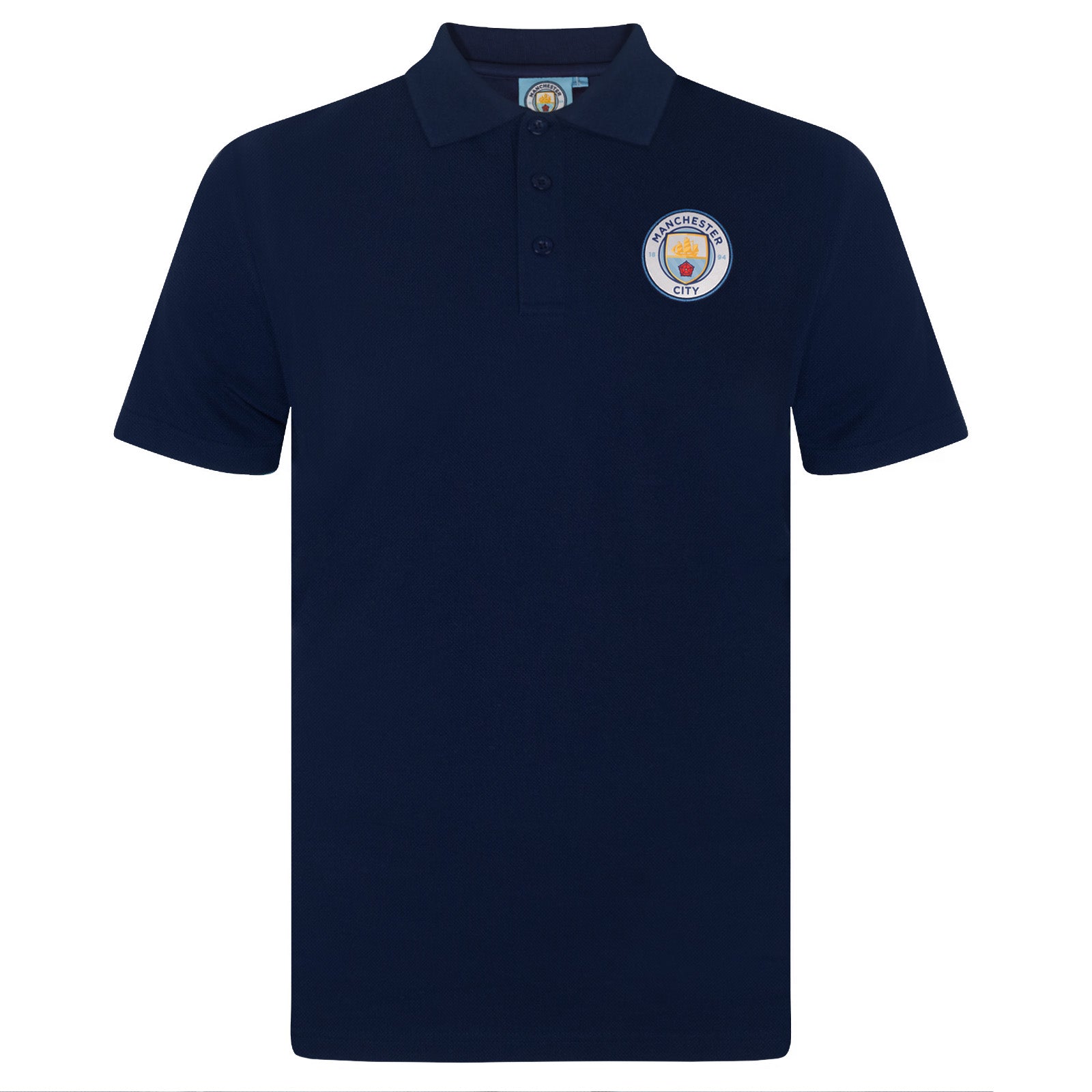 Man City adults polo shirt in navy blue with club crest to the chest.
