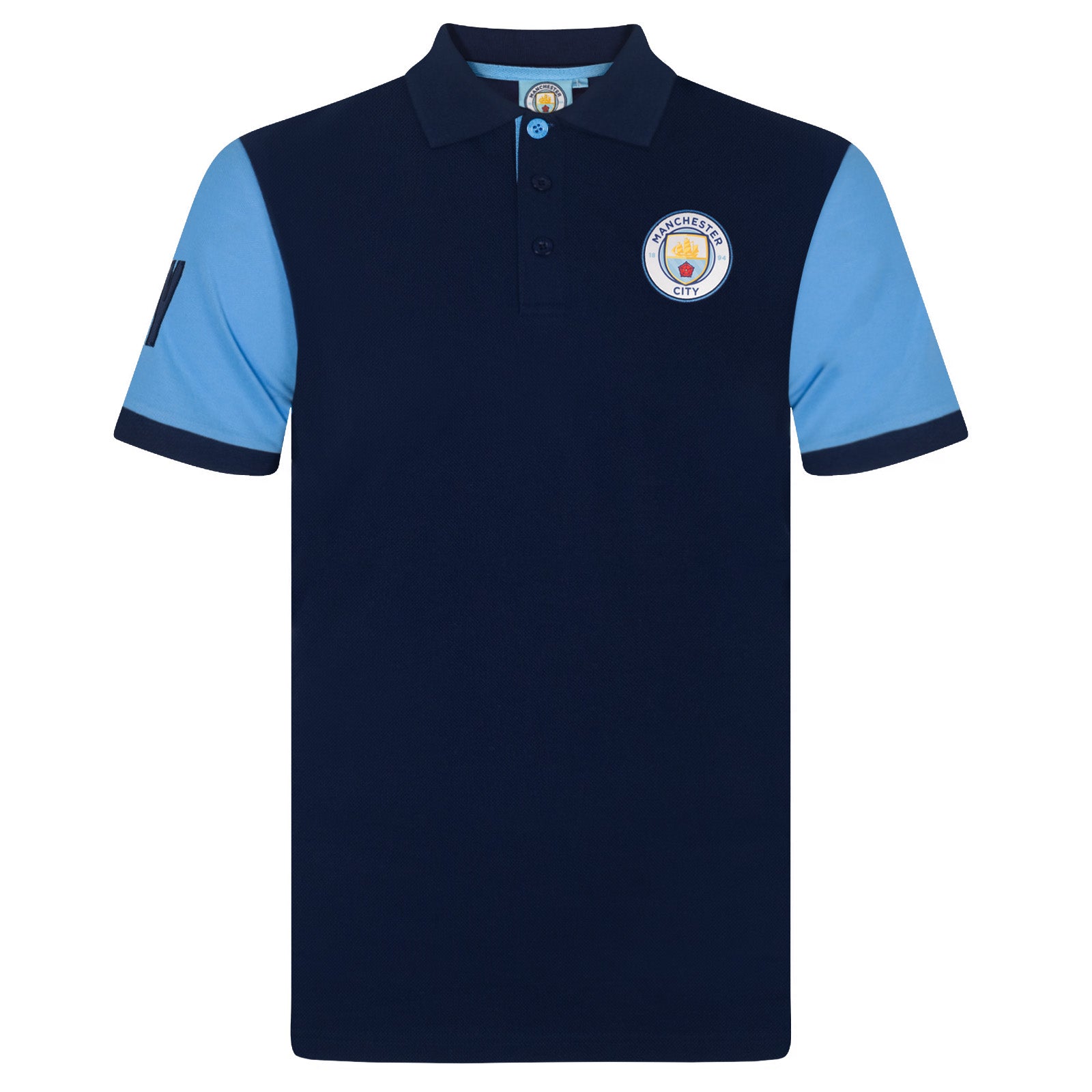 Man City adults polo shirt in navy blue with contrast sleeve and club crest to the chest.