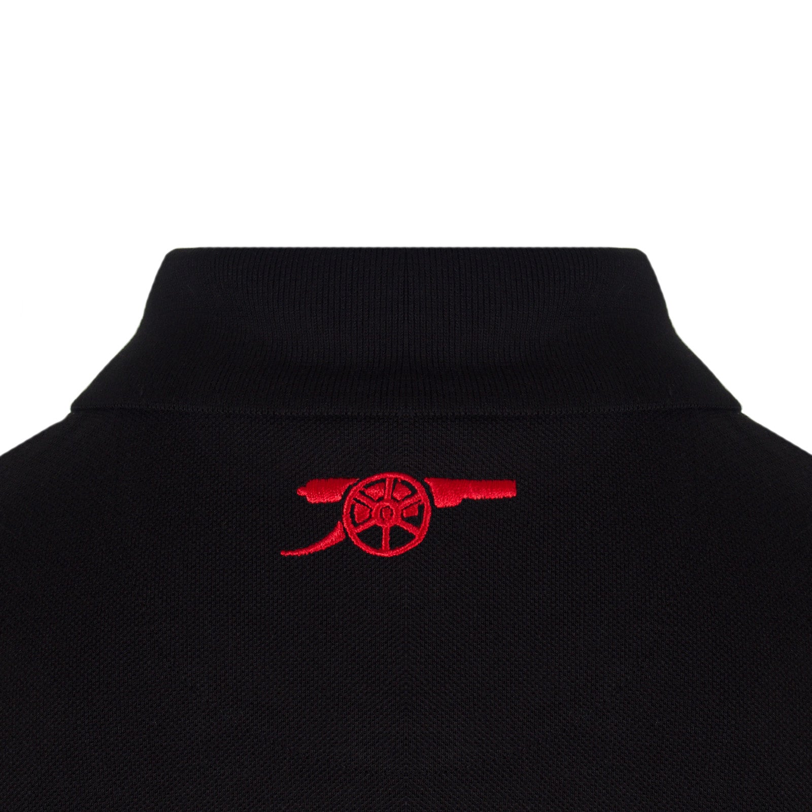 Arsenal polo shirt for adults in black with contrast sleeve, club crest and canon to chest.