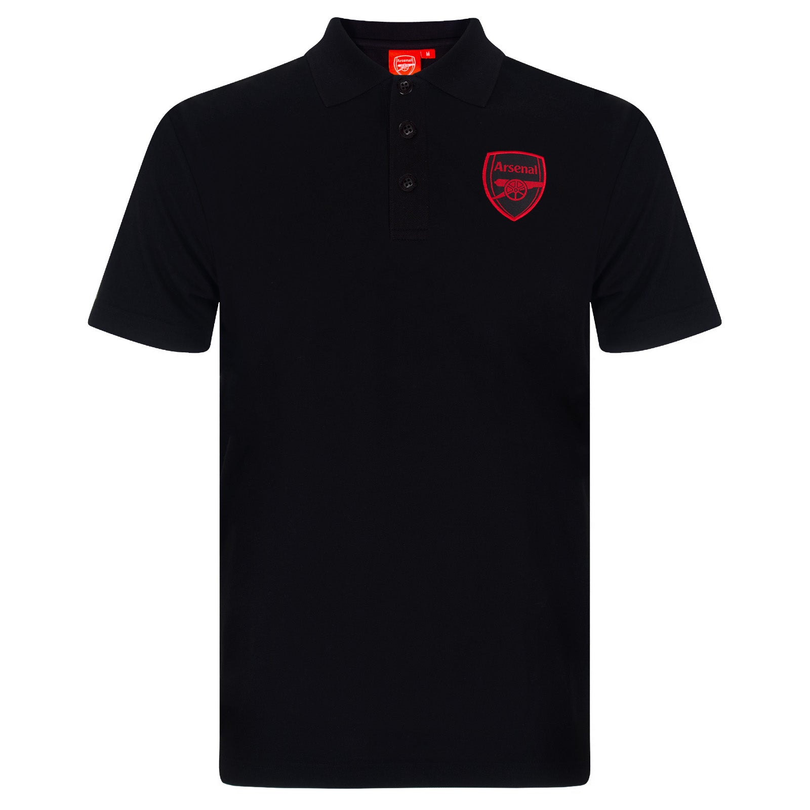 Arsenal polo shirt for adults in black with contrast sleeve, club crest and canon to chest.
