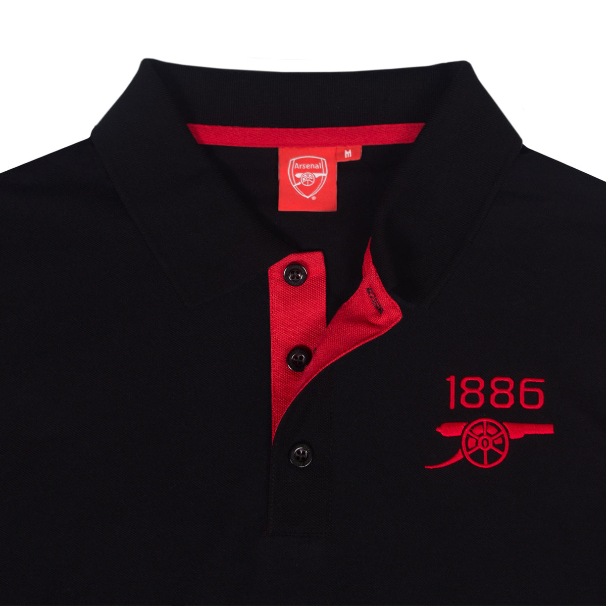 Arsenal polo shirt for adults in black with contrast sleeve, club crest and canon to chest.