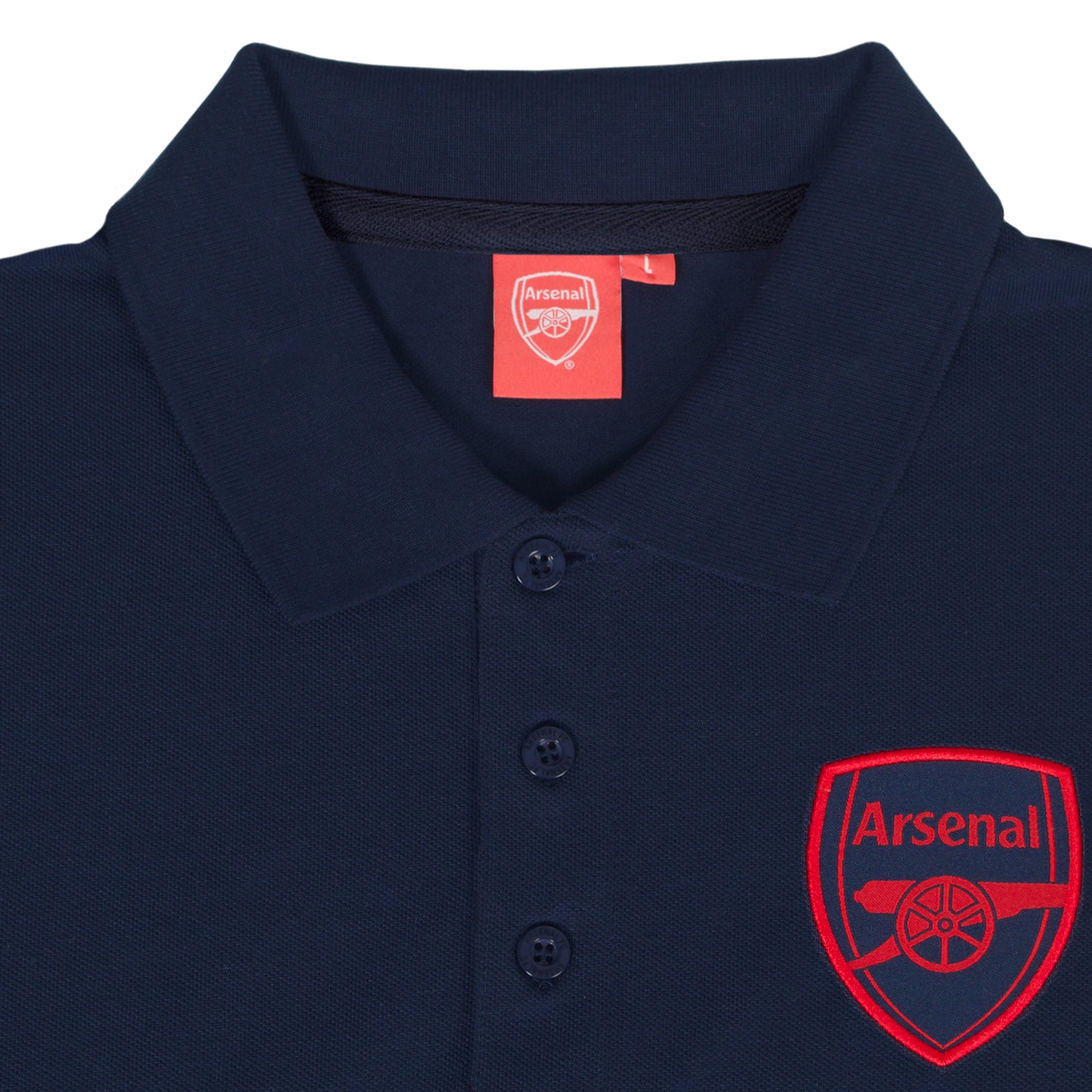 Arsenal polo shirt for adults in navy blue with club crest and canon to chest.