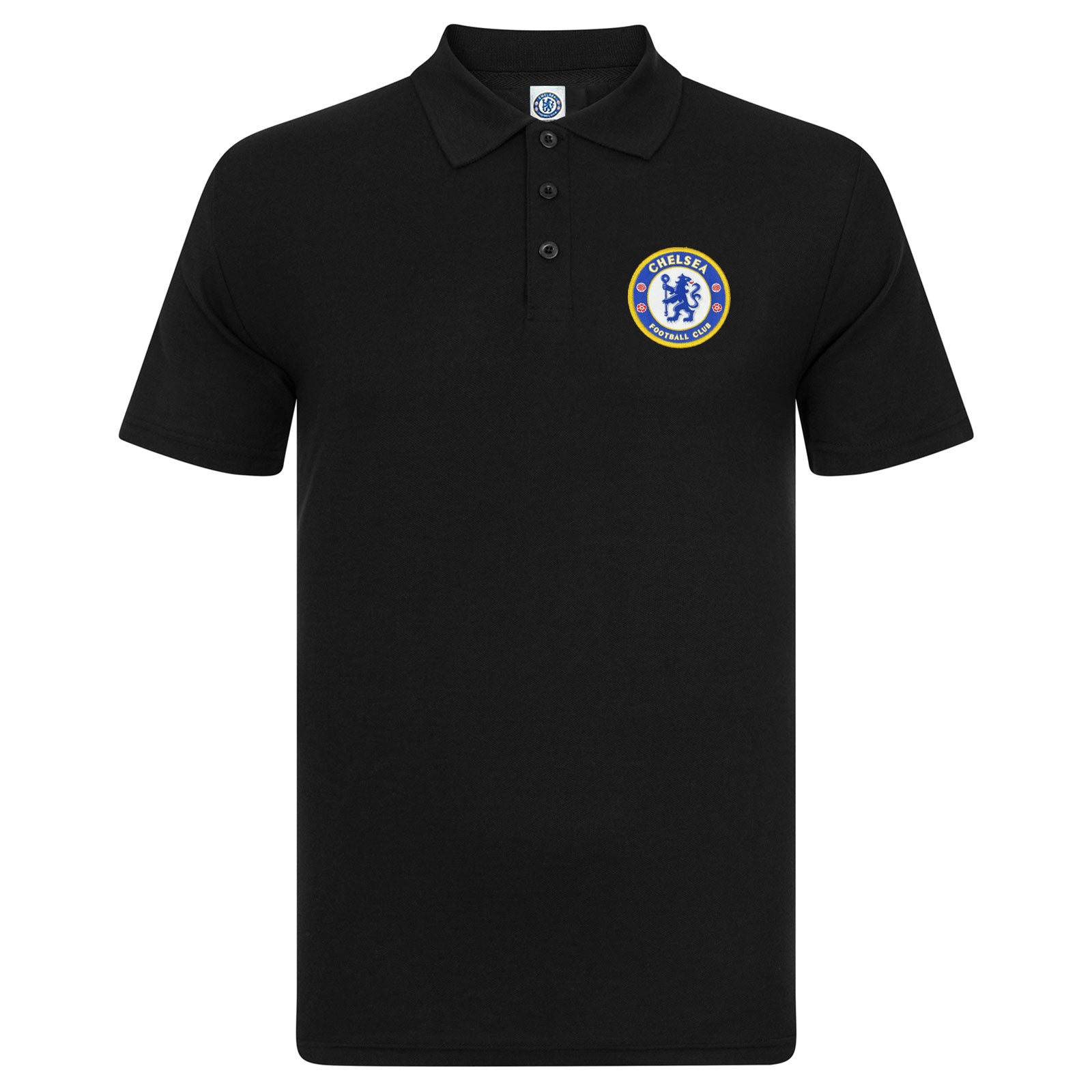 Chelsea adults polo shirt in black with crest and Chelsea FC text to chest
