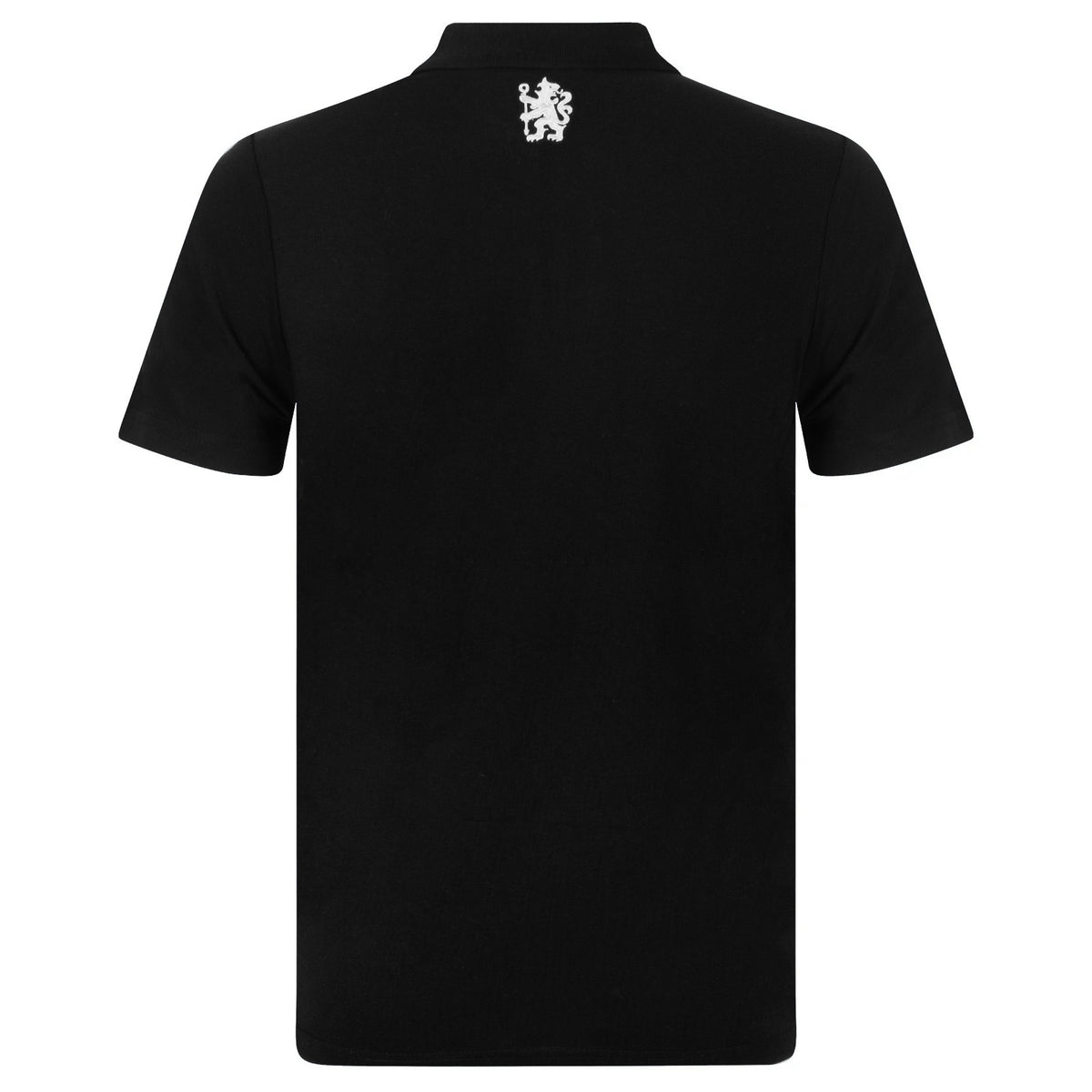 Chelsea adults polo shirt in black with crest and Chelsea FC text to chest