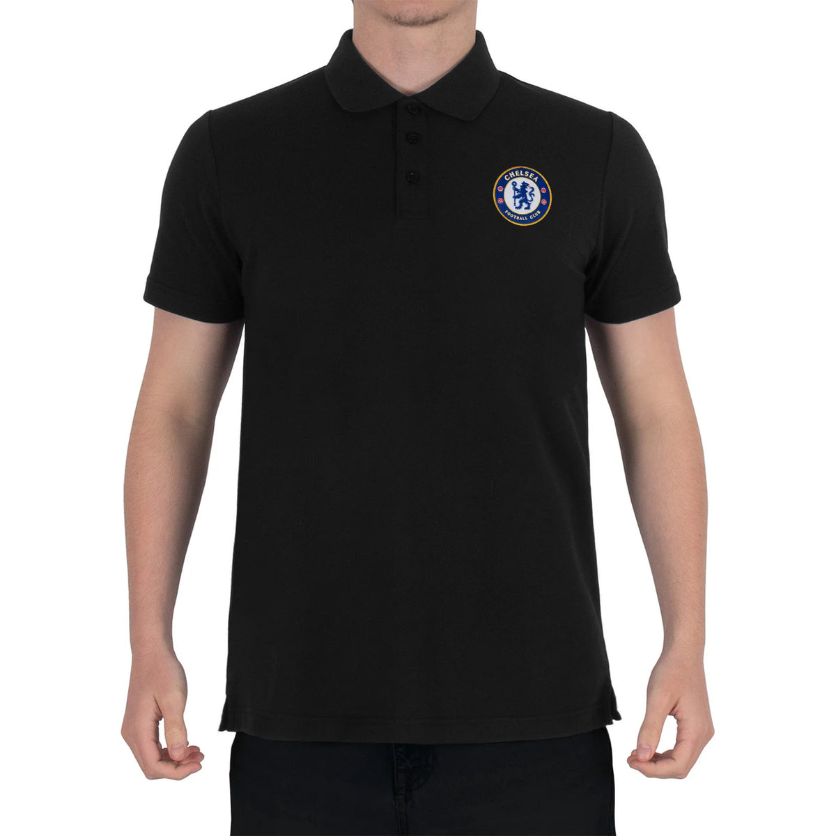 Chelsea adults polo shirt in black with crest and Chelsea FC text to chest