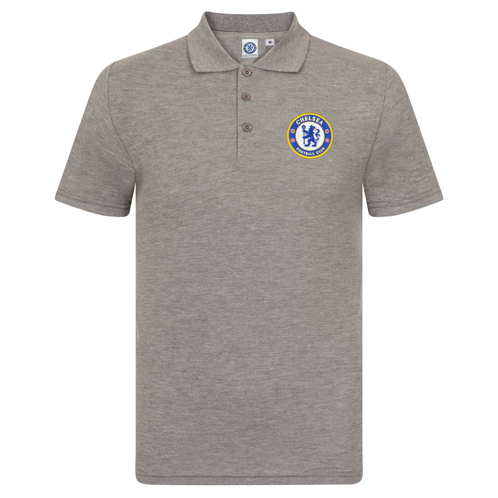Chelsea adults polo shirt in grey with crest and Chelsea FC text to chest