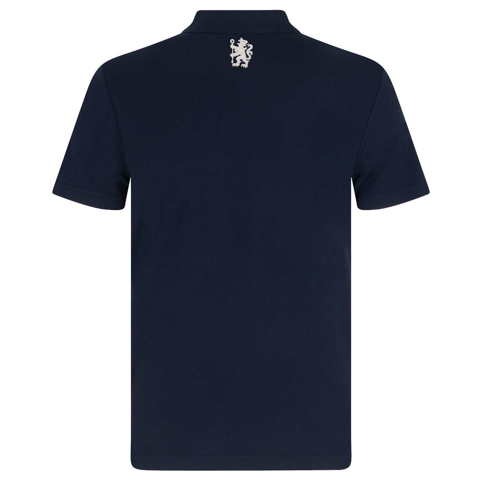 Chelsea adults polo shirt in navy with crest and Chelsea FC text to chest