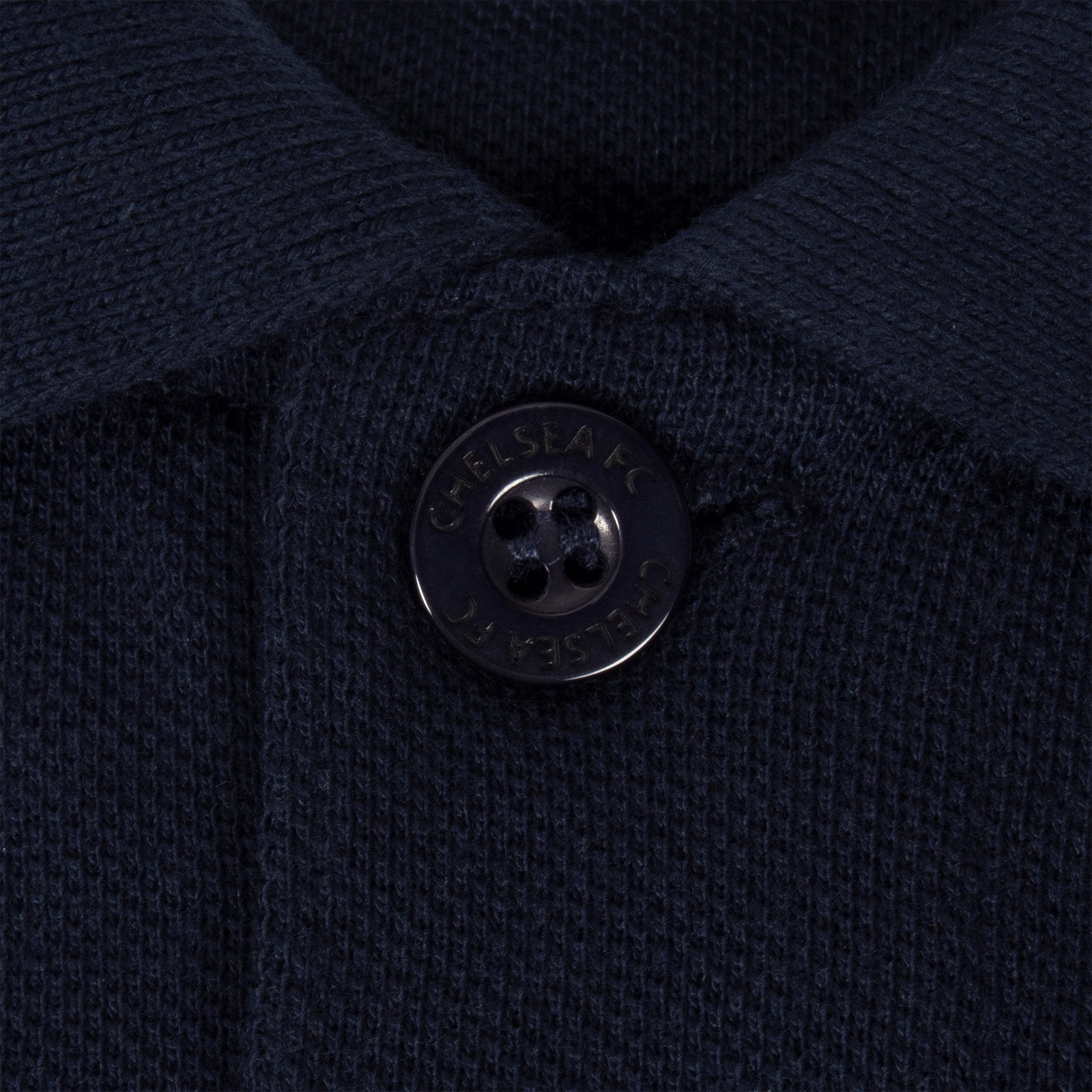 Chelsea adults polo shirt in navy with crest and Chelsea FC text to chest