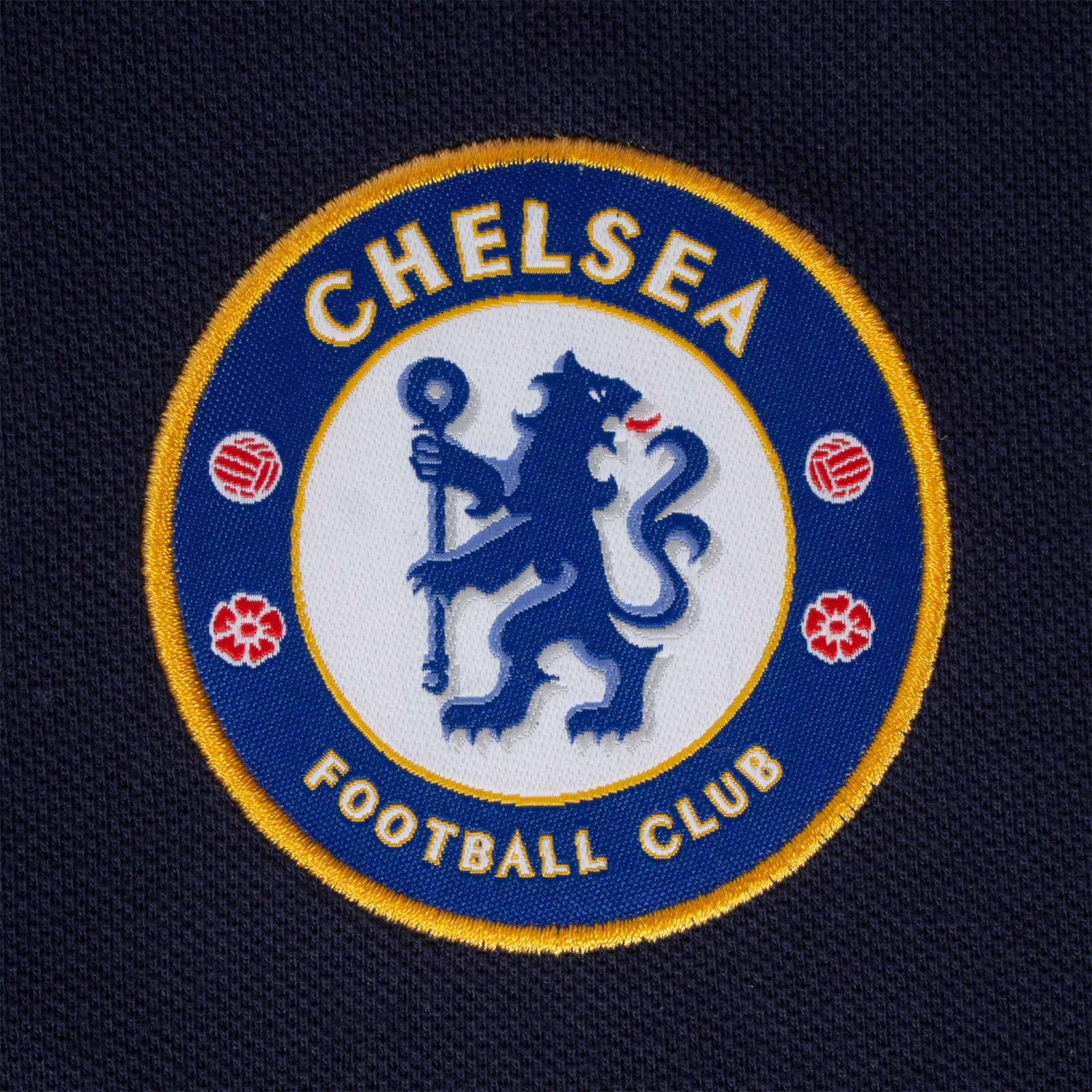 Chelsea adults polo shirt in navy with crest and Chelsea FC text to chest