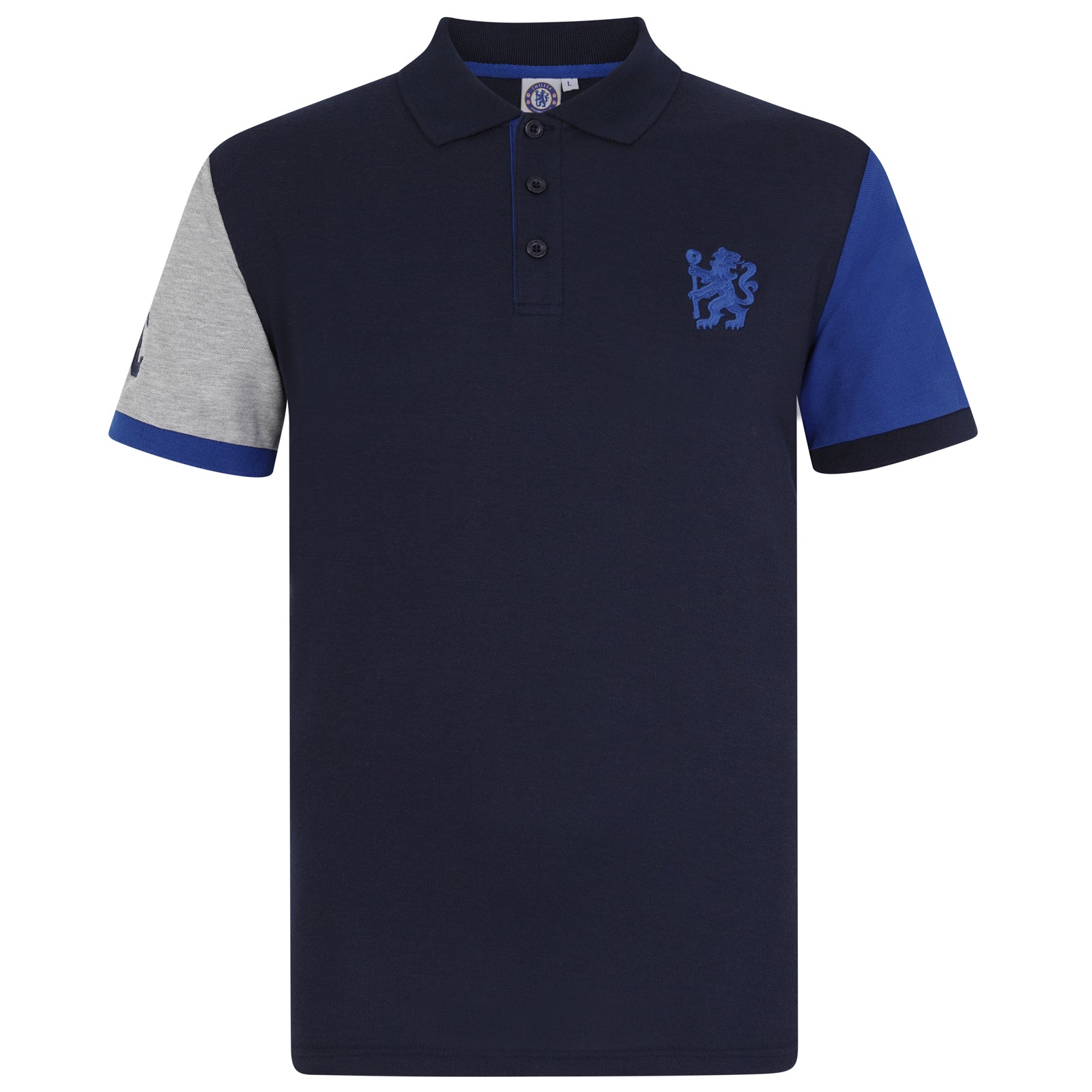 Chelsea adults polo shirt in navy with a crest and Chelsea FC text to chest