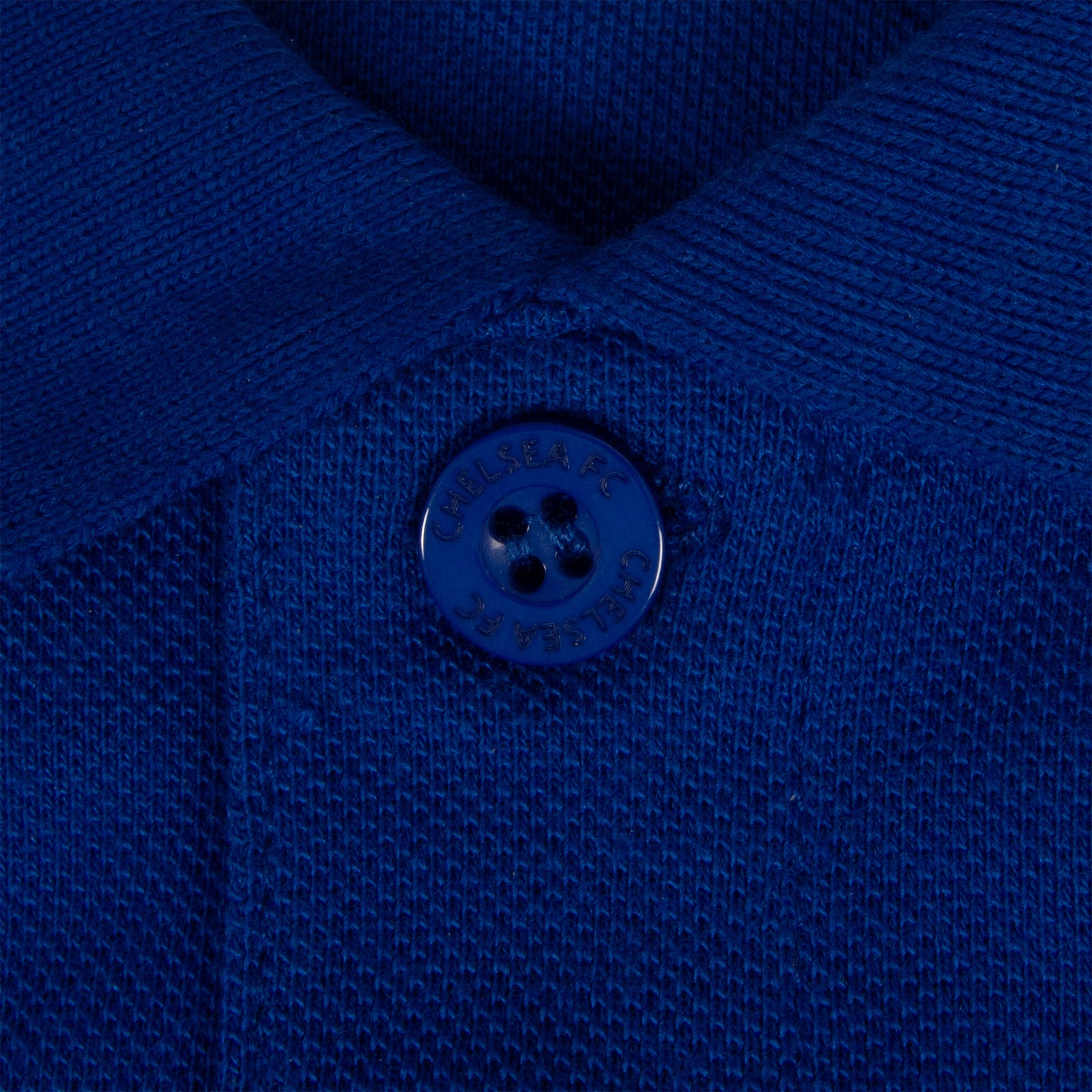 Chelsea adults polo shirt in royal blue with crest and Chelsea FC text to chest