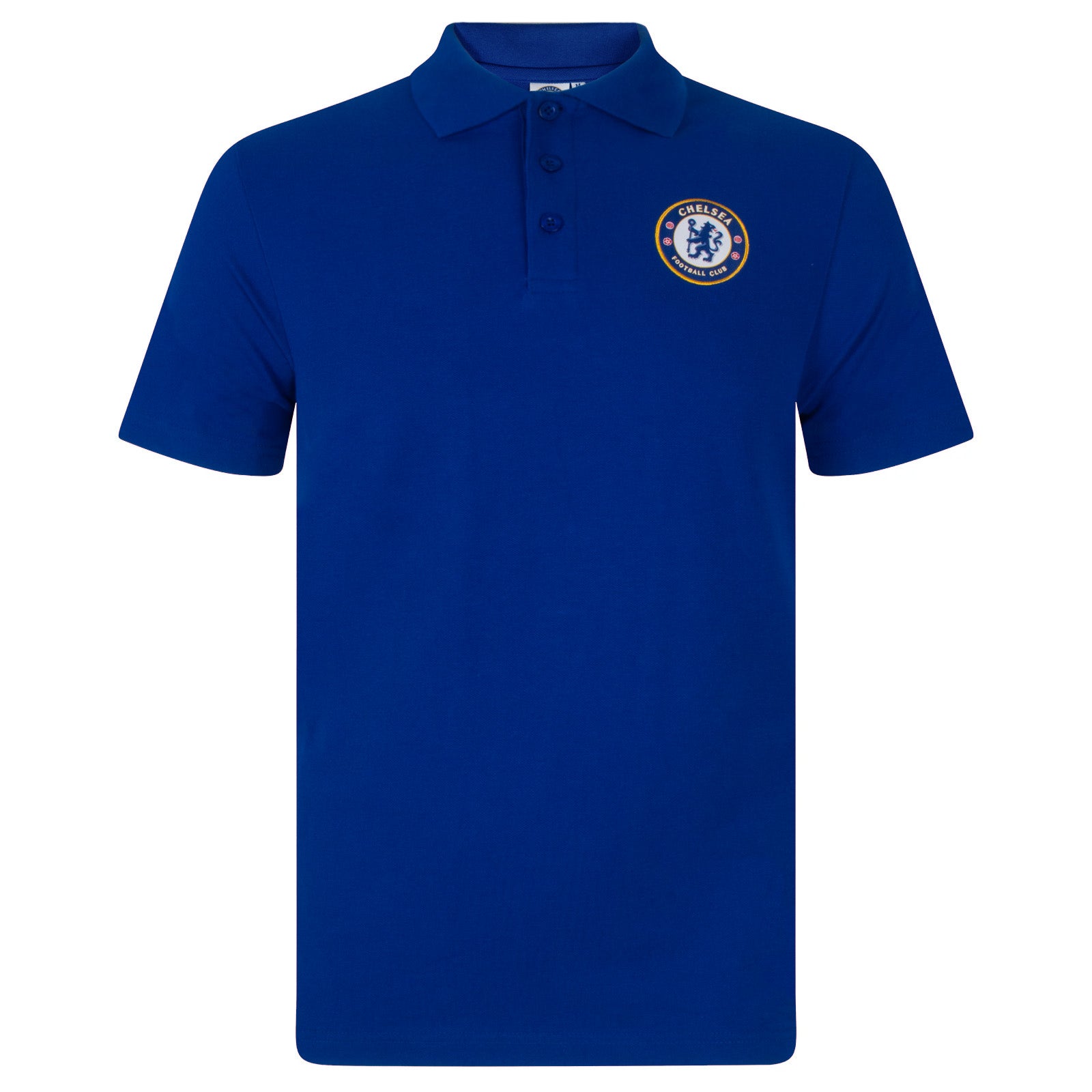 Chelsea adults polo shirt in royal blue with crest and Chelsea FC text to chest