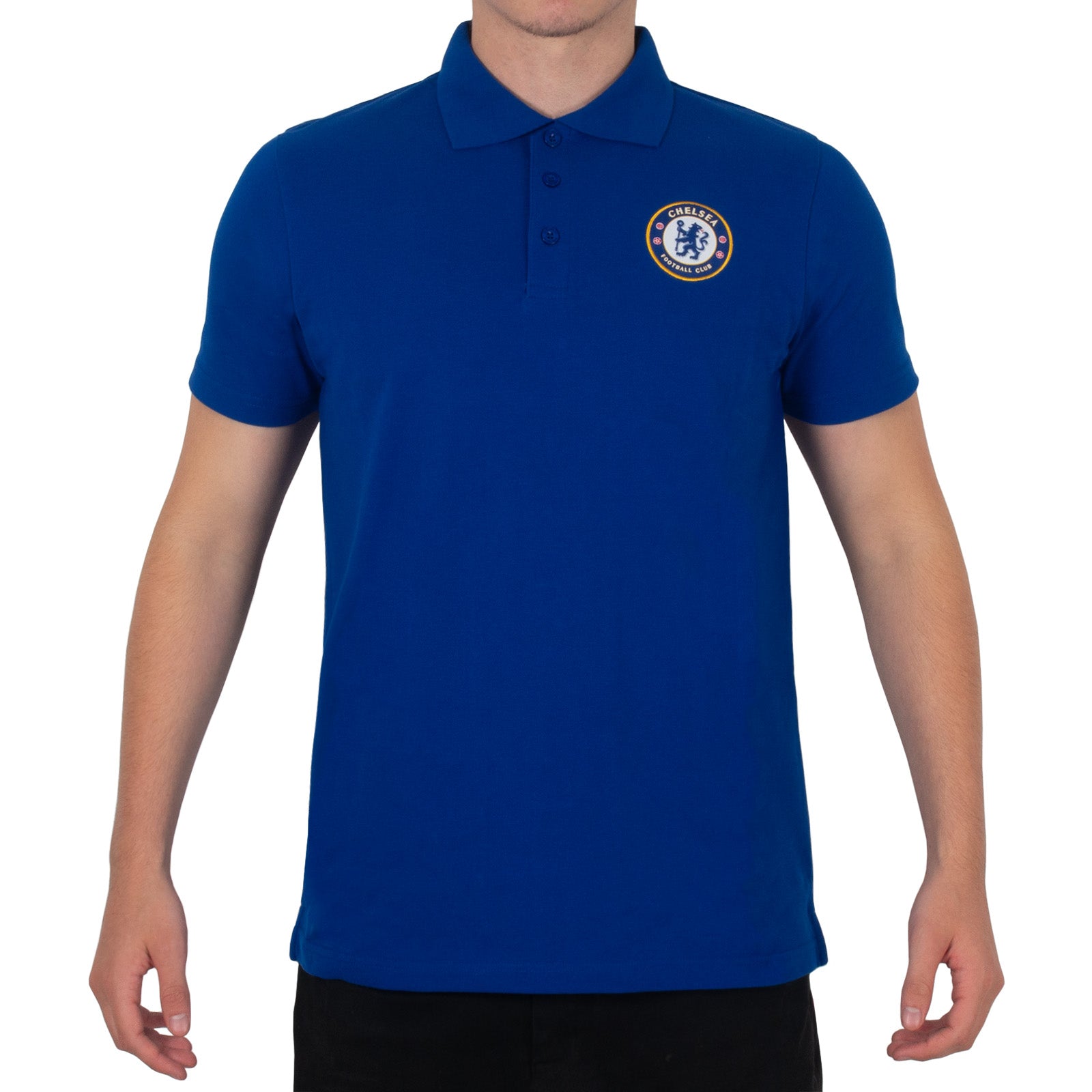 Chelsea adults polo shirt in royal blue with crest and Chelsea FC text to chest