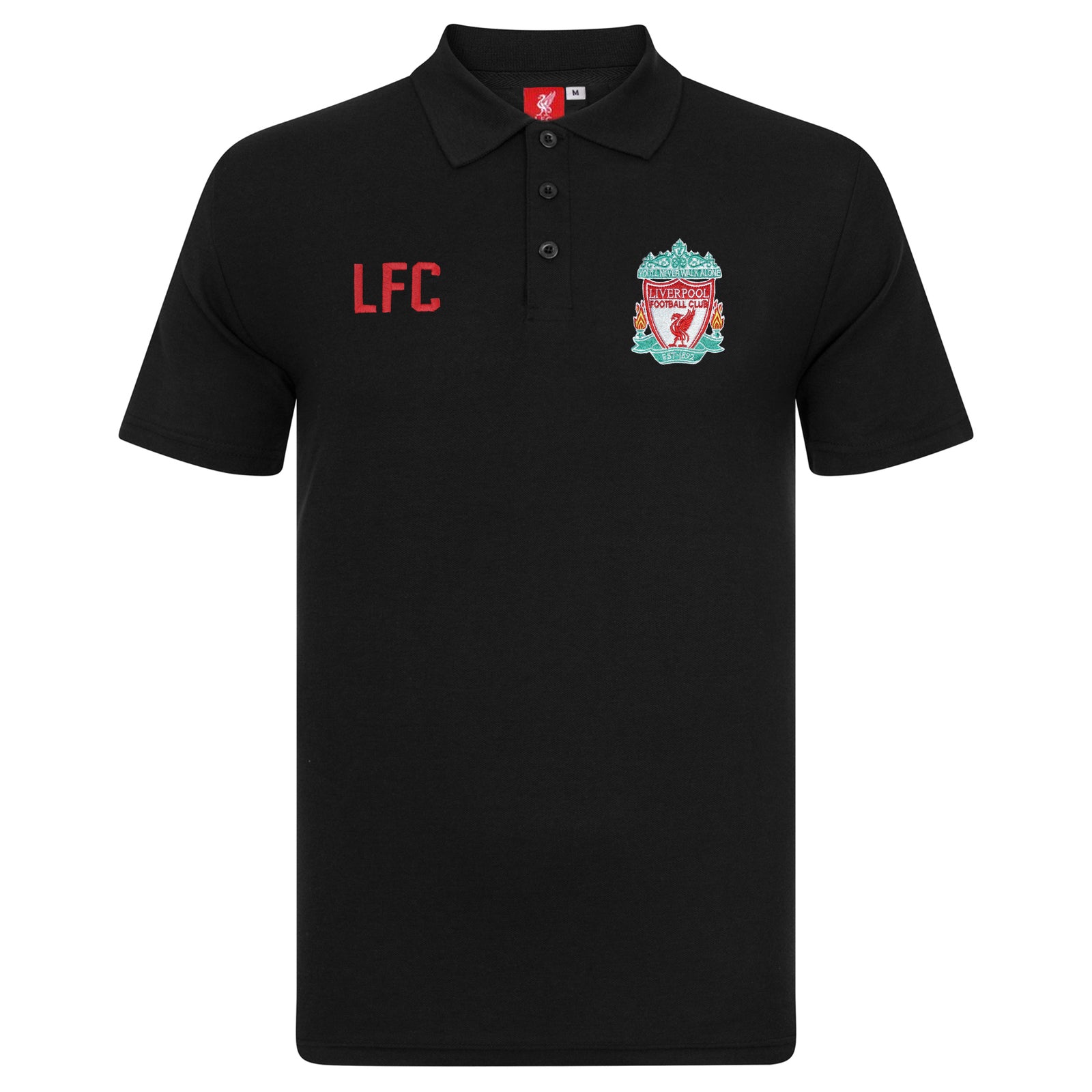 Liverpool adults polo shirt in black & contrast sleeve with LFC badge and Liverpool FC text to chest.
