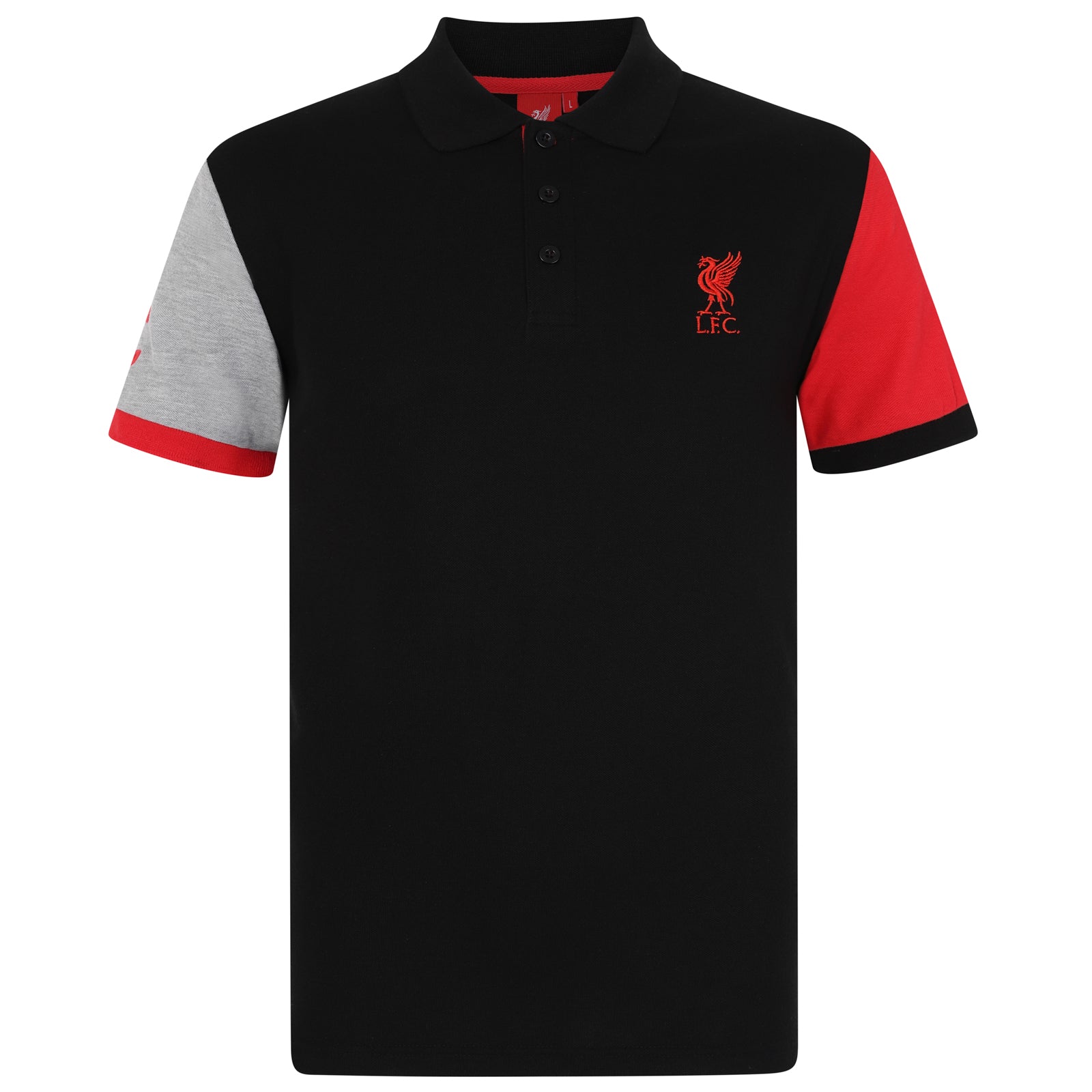 Liverpool adults polo shirt in black & contrast sleeve with LFC badge and Liverpool FC text to chest.