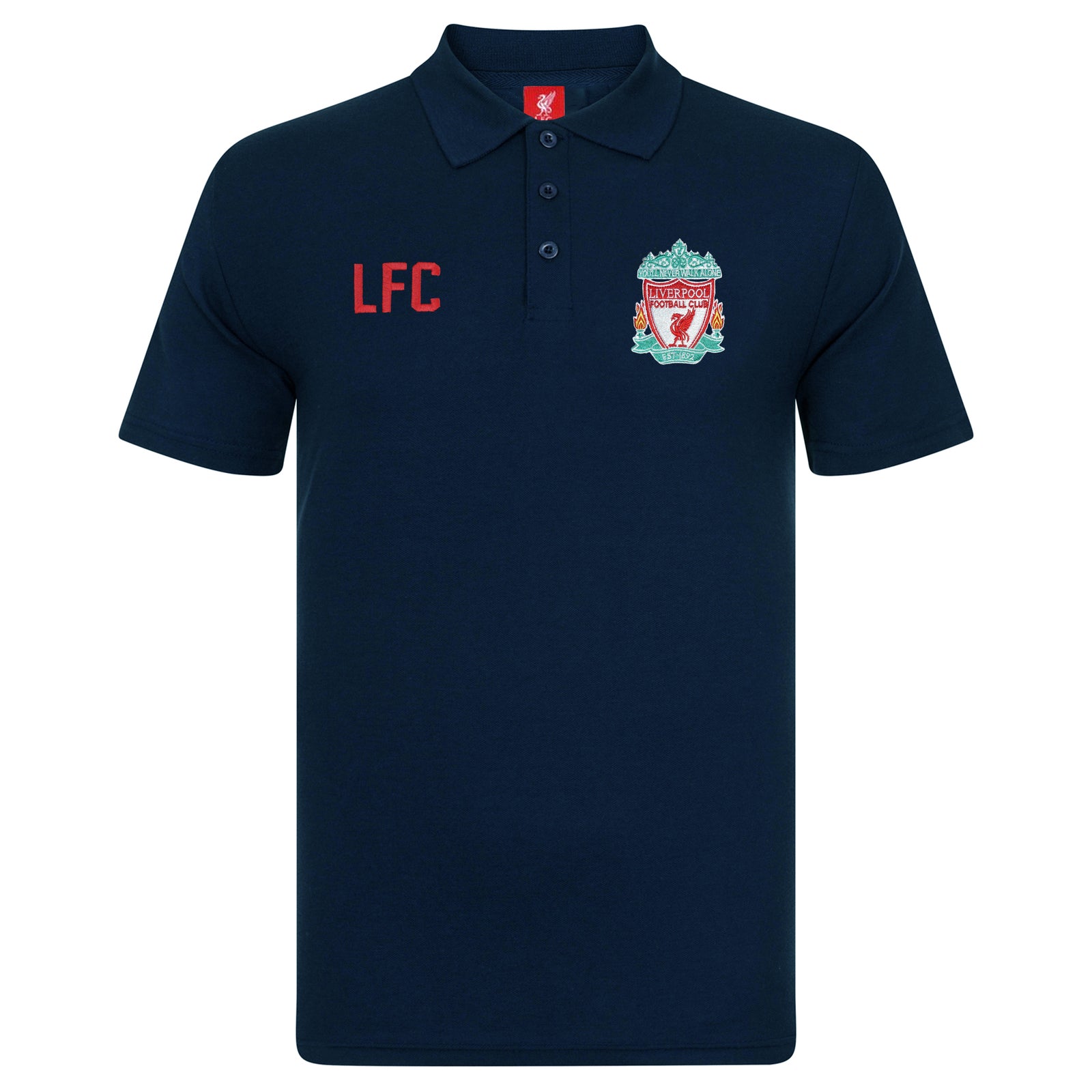 Liverpool kids polo shirt in navy blue with LFC badge and Liverpool FC text to chest.