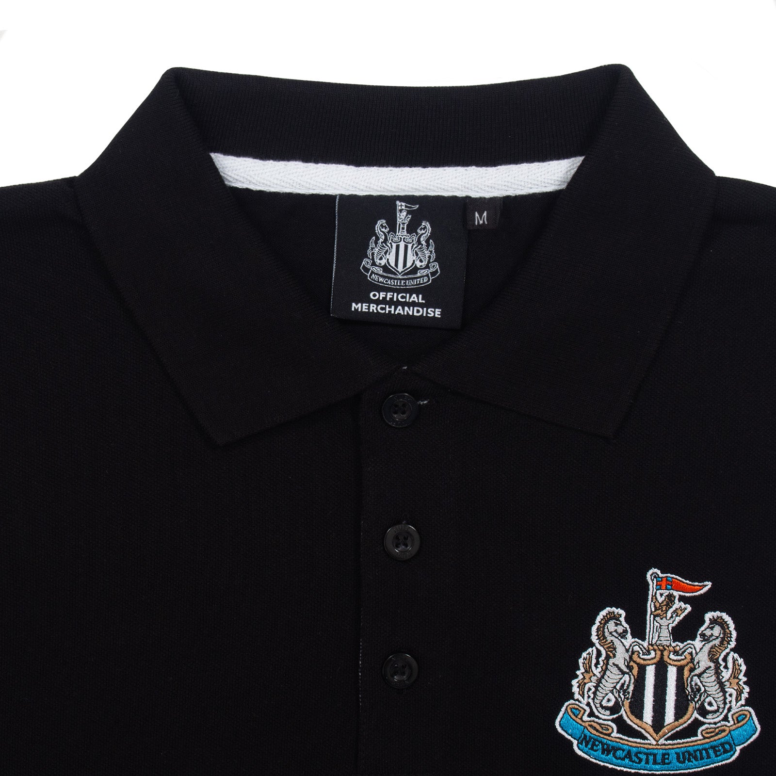Newcastle Utd adults polo shirt in black with contrast sleeve and a NUFC badge and text to chest.