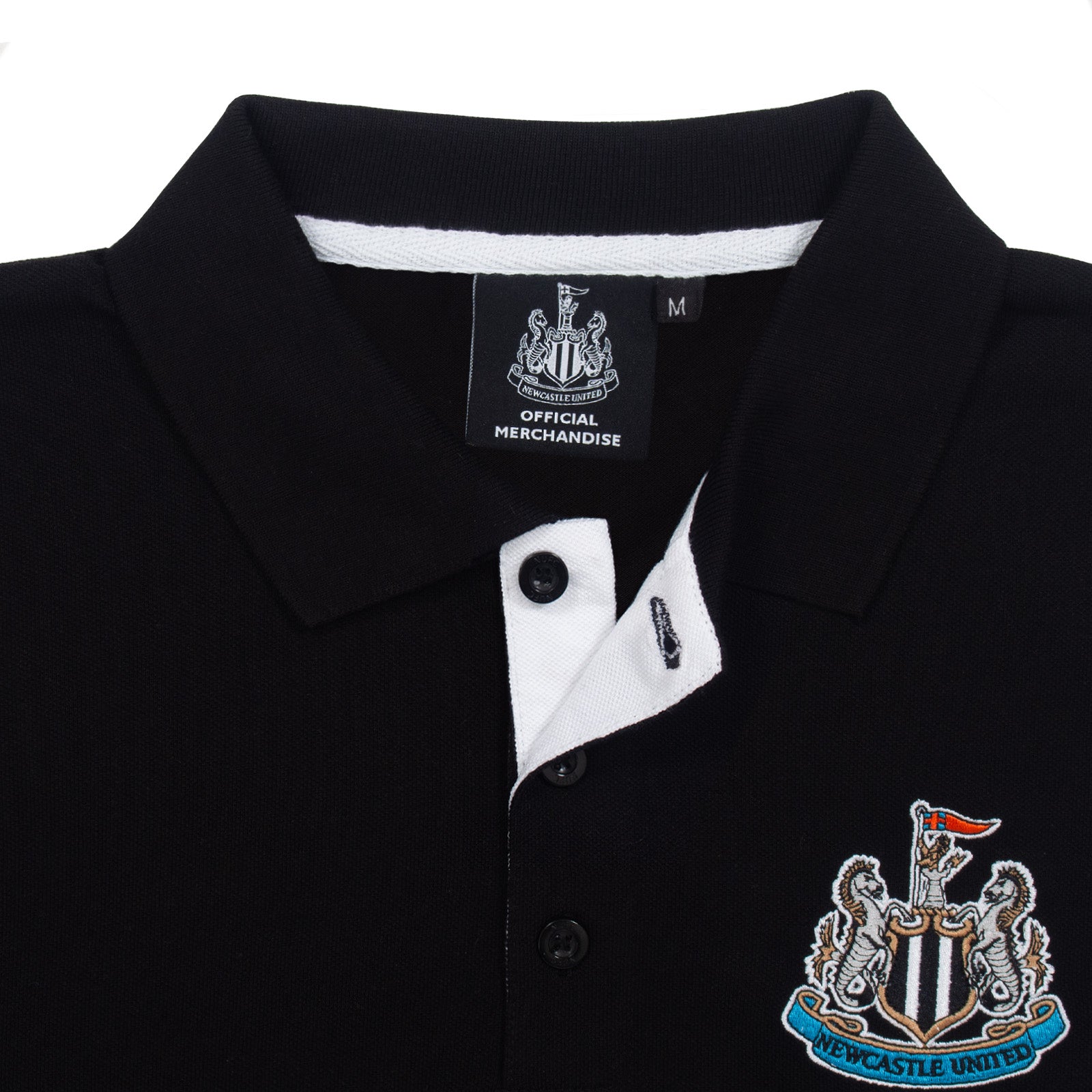 Newcastle Utd adults polo shirt in black with contrast sleeve and a NUFC badge and text to chest.