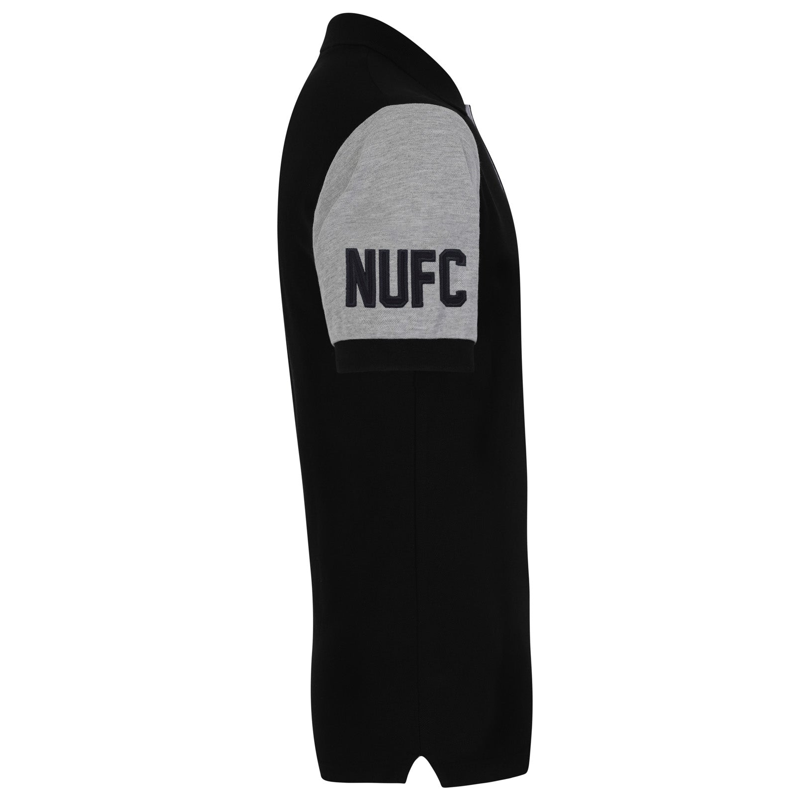 Newcastle Utd adults polo shirt in black with contrast sleeve and a NUFC badge and text to chest.