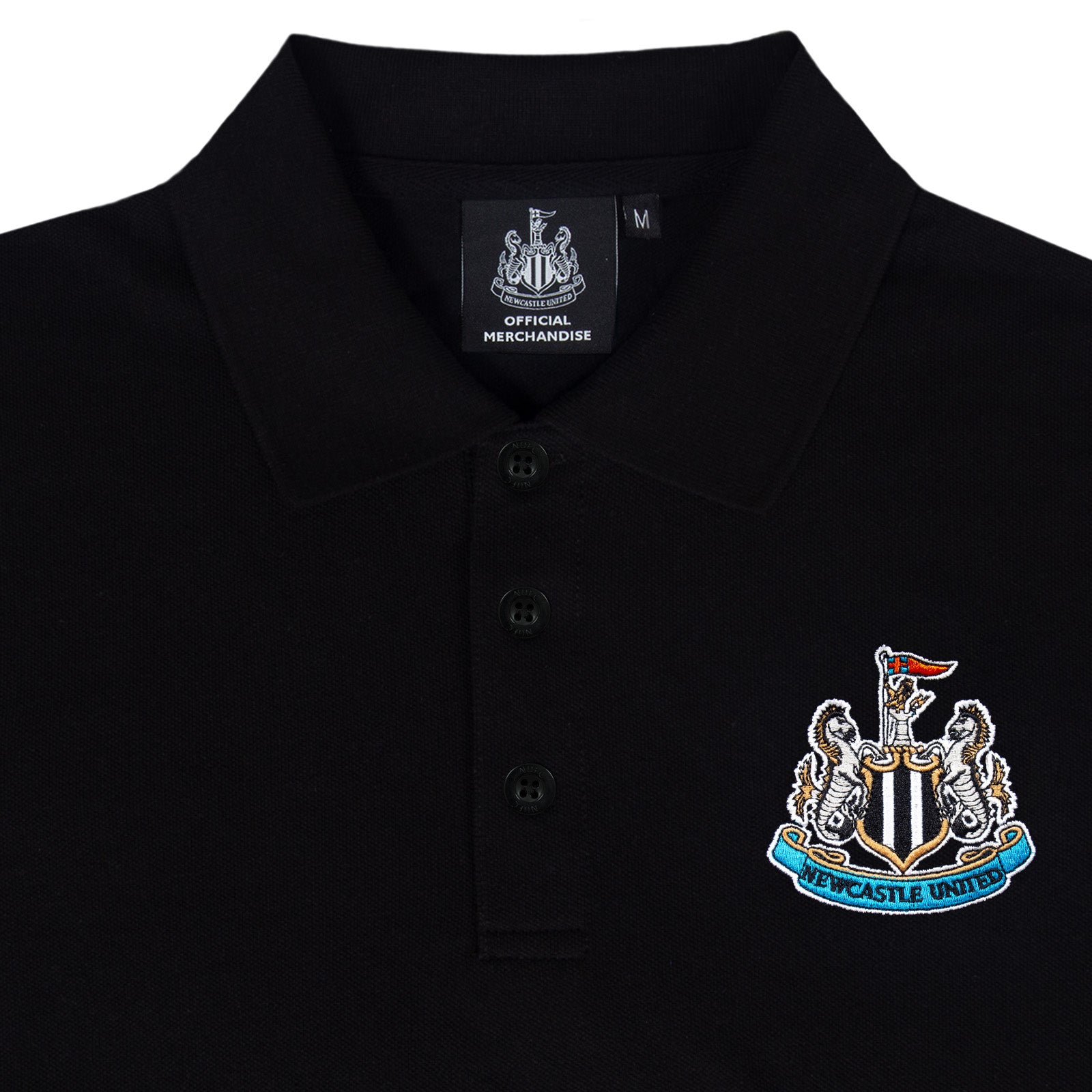 Newcastle Utd adults polo shirt in black with NUFC badge and text to chest.