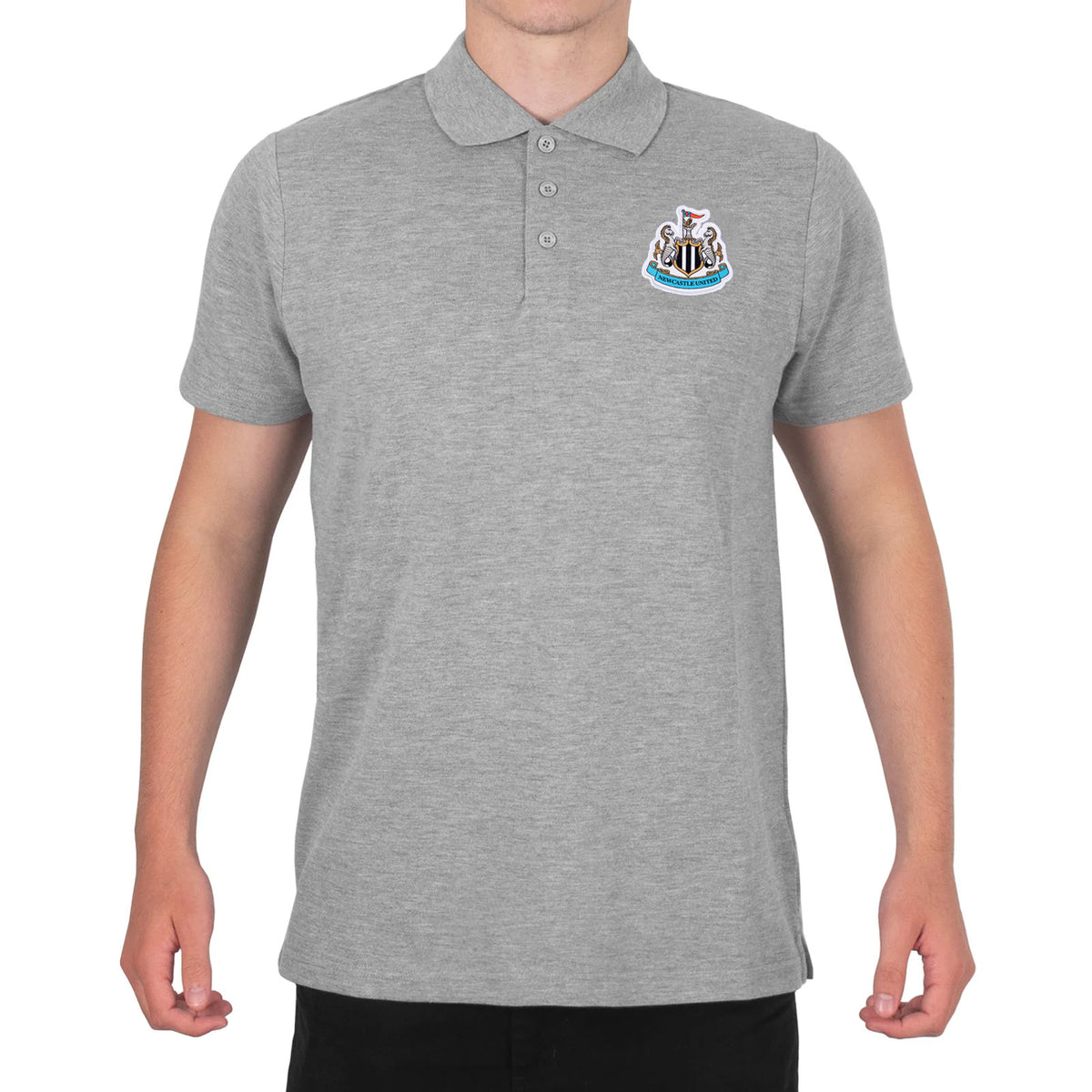 Newcastle Utd adults polo shirt in grey with NUFC badge and text to chest.