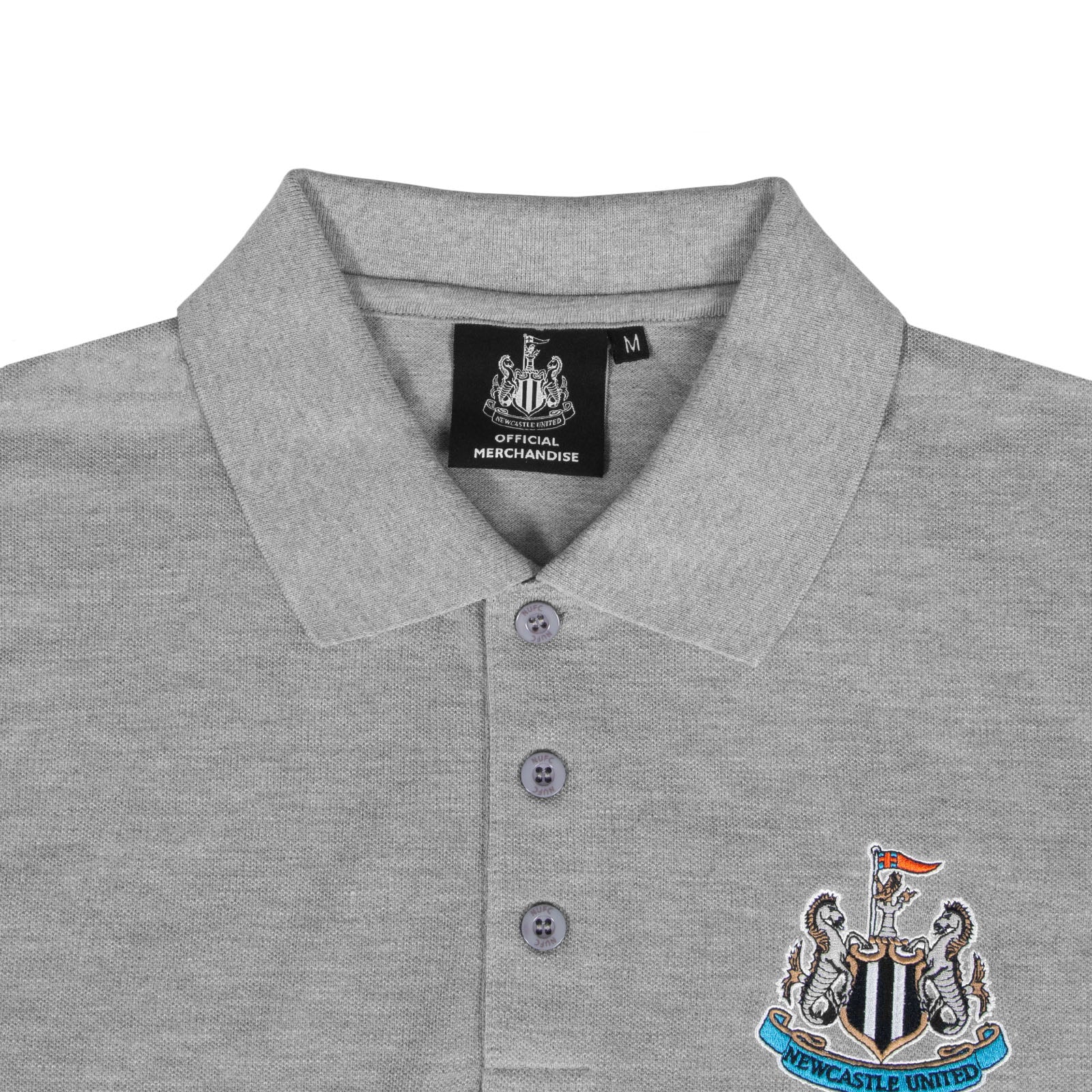 Newcastle Utd adults polo shirt in grey with NUFC badge and text to chest.