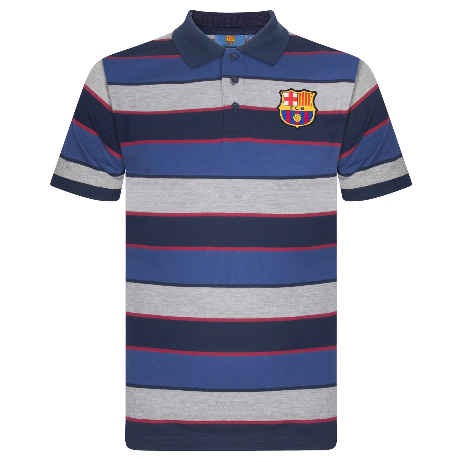FC Barcelona adults striped polo shirt in blue & red with club crest to chest.
