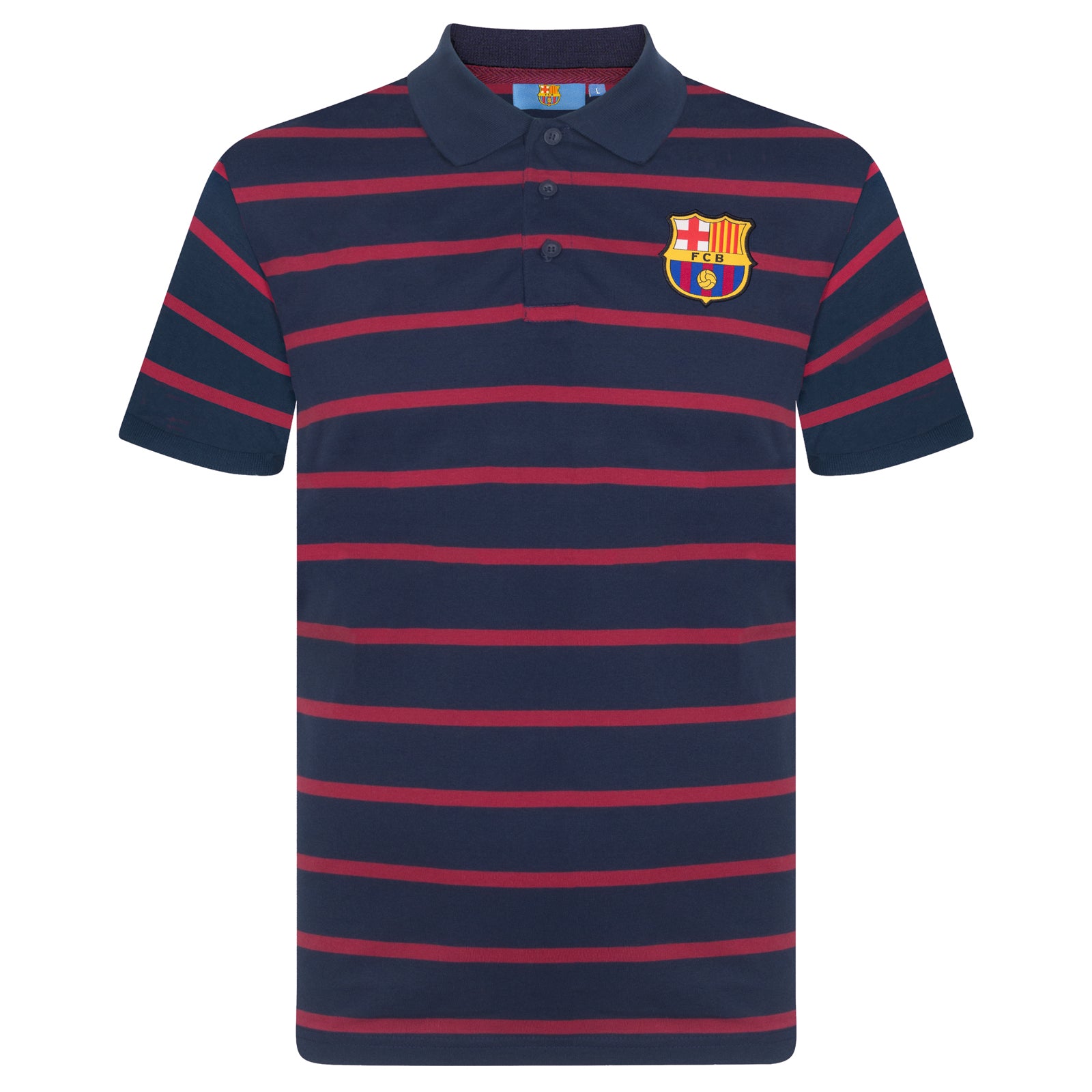 FC Barcelona adults striped polo shirt in navy blue with club crest to chest.
