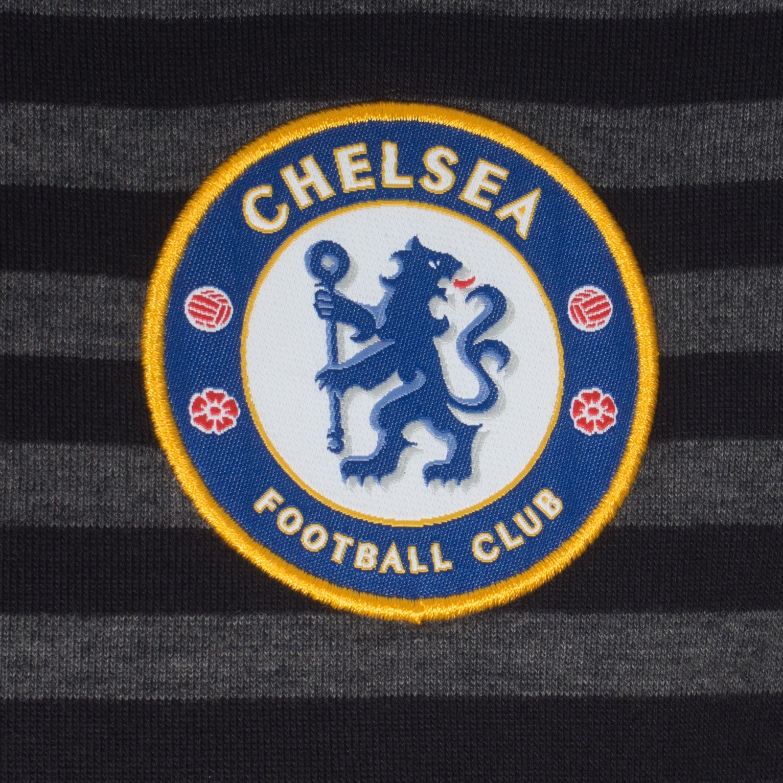 Chelsea adults striped polo shirt for adults in blue & grey with club crest to chest.