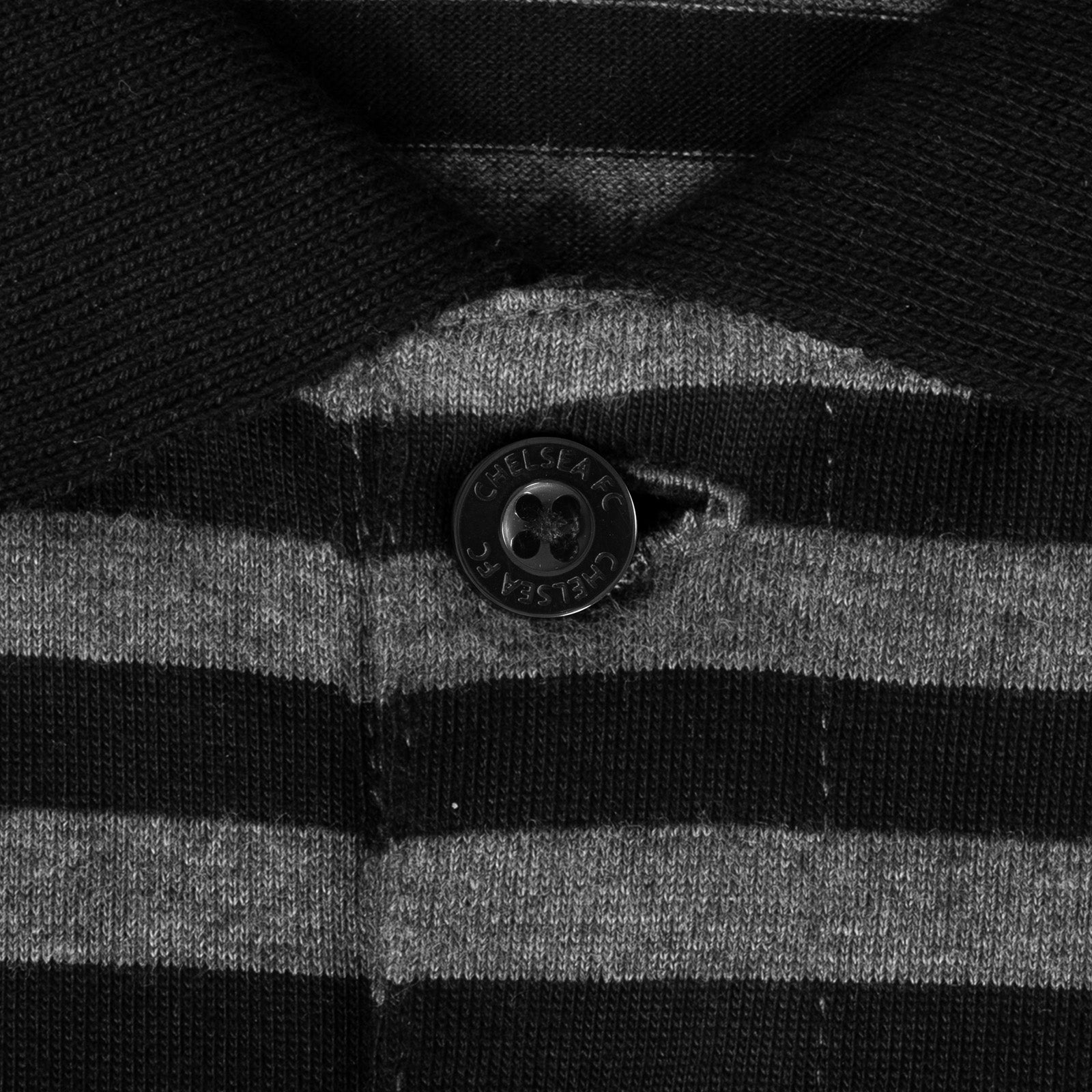 Chelsea adults striped polo shirt for adults in blue & grey with club crest to chest.