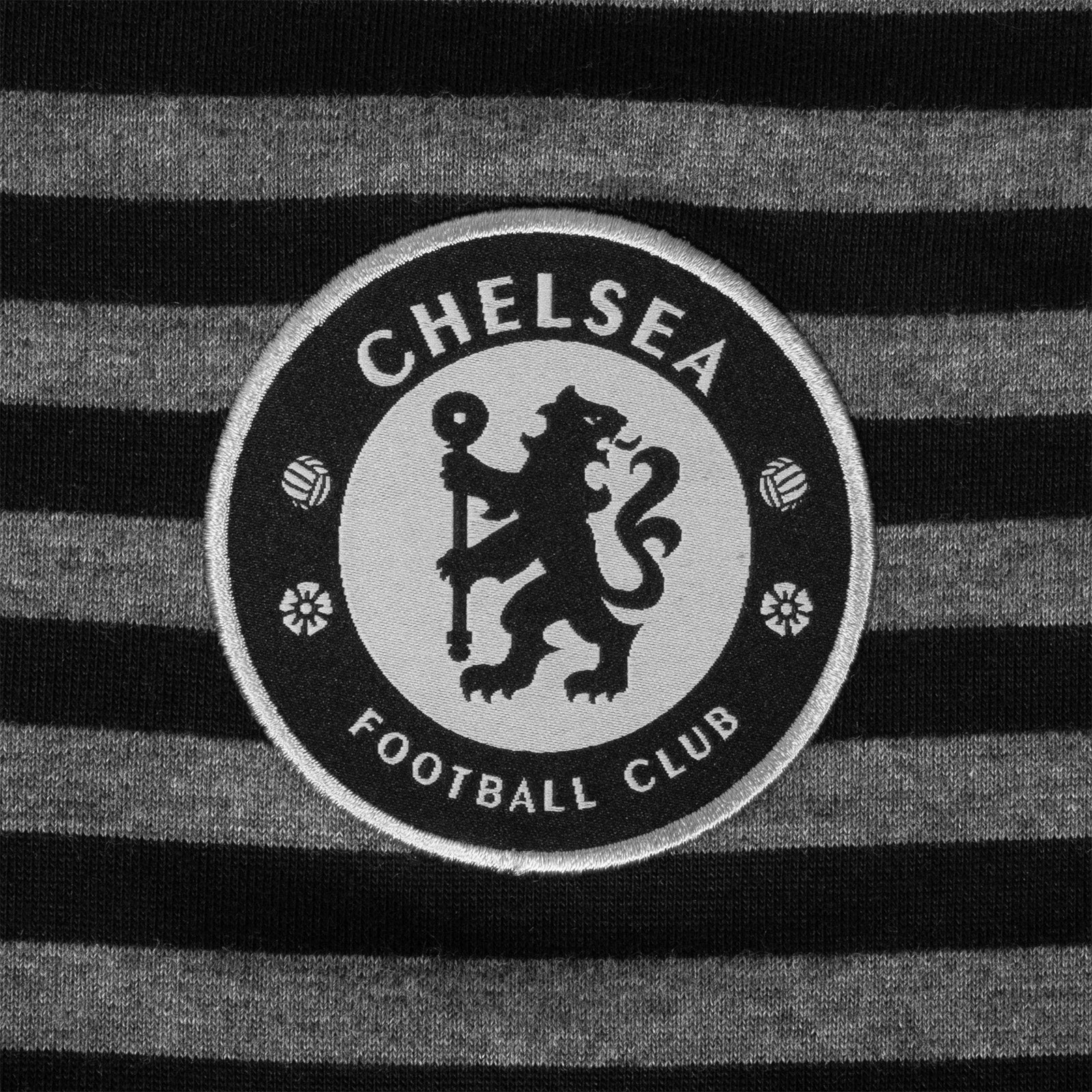 Chelsea adults striped polo shirt for adults in blue & grey with club crest to chest.