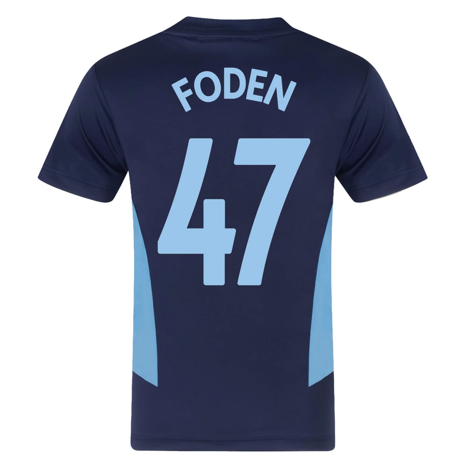 Man City adults T-shirt in navy & sky blue stripe with club crest to chest