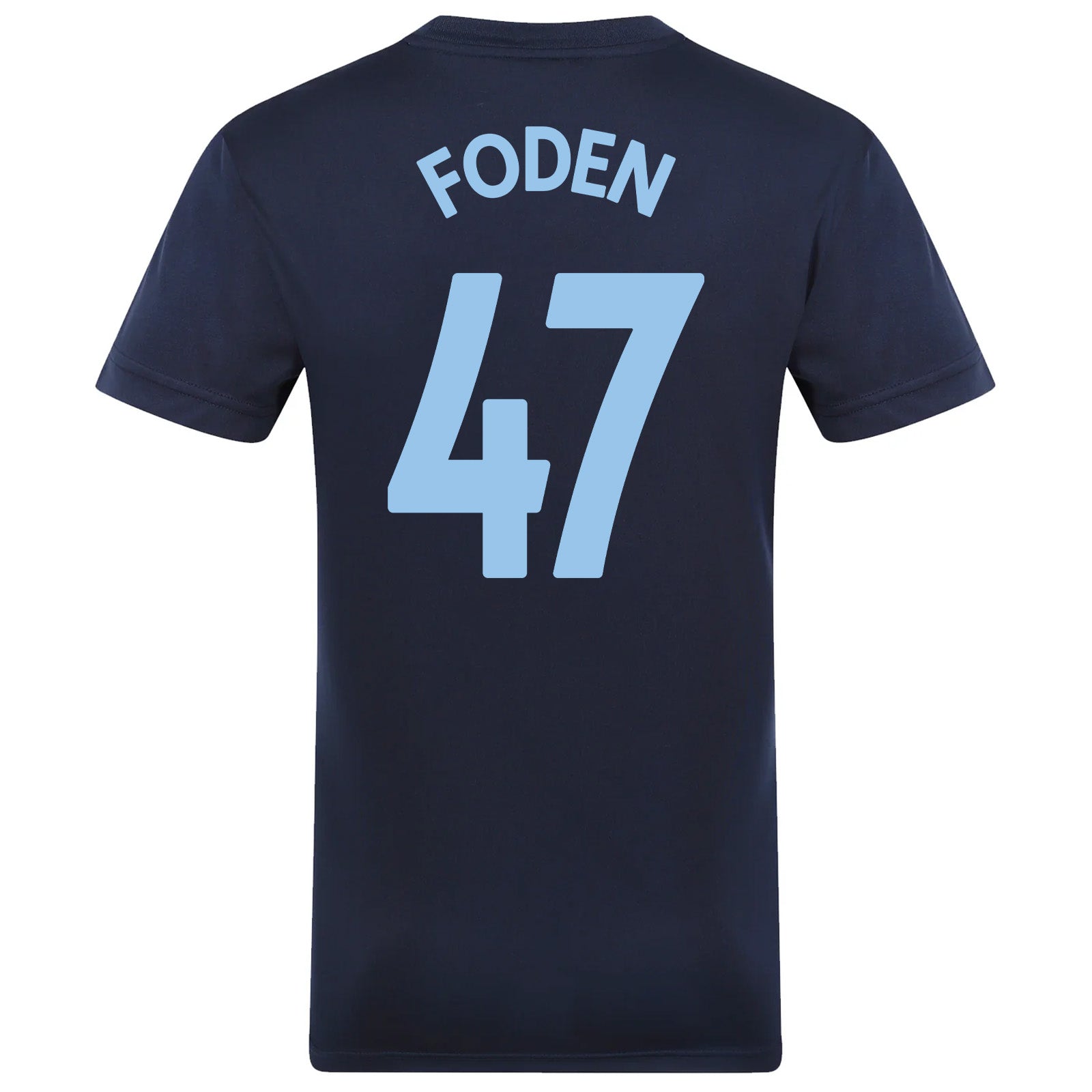 Man City adults T-shirt in navy & sky blue stripe with club crest to chest