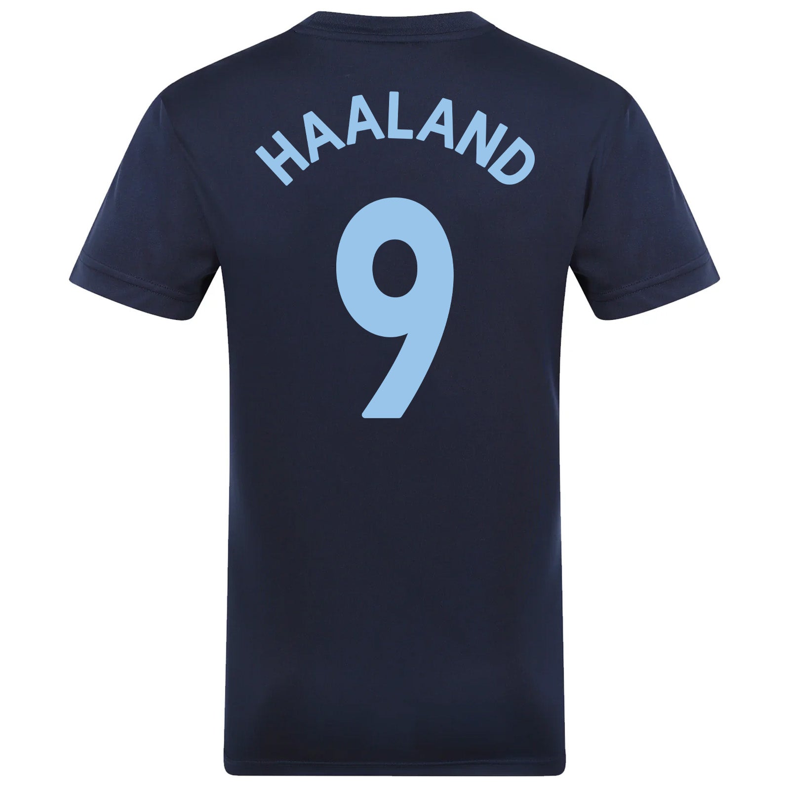 Man City adults T-shirt in navy & sky blue stripe with club crest to chest