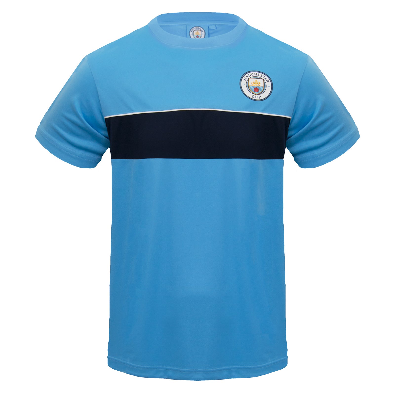 Man City adults T-shirt in sky blue with club crest to chest.