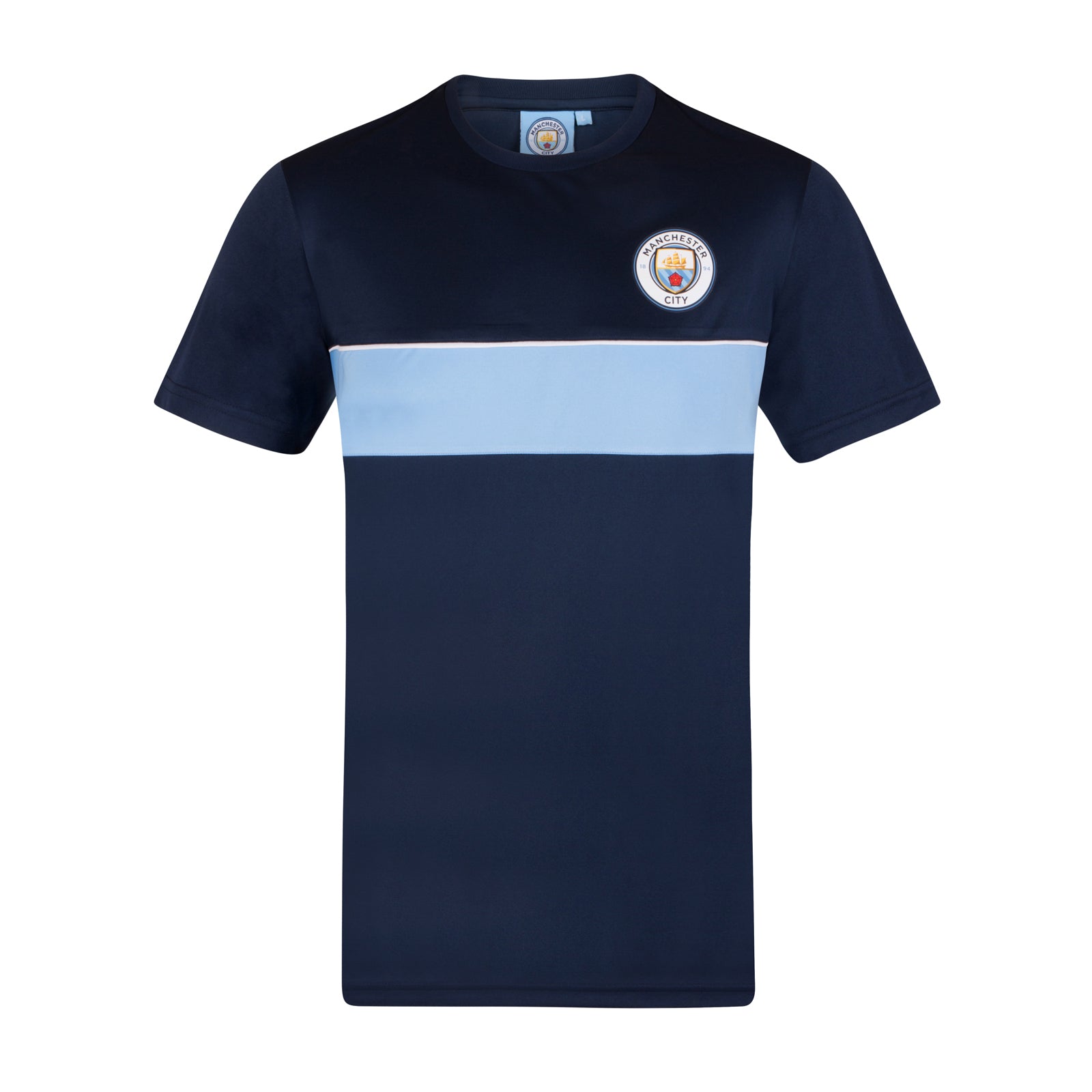 Man City adults T-shirt in navy & sky blue stripe with club crest to chest