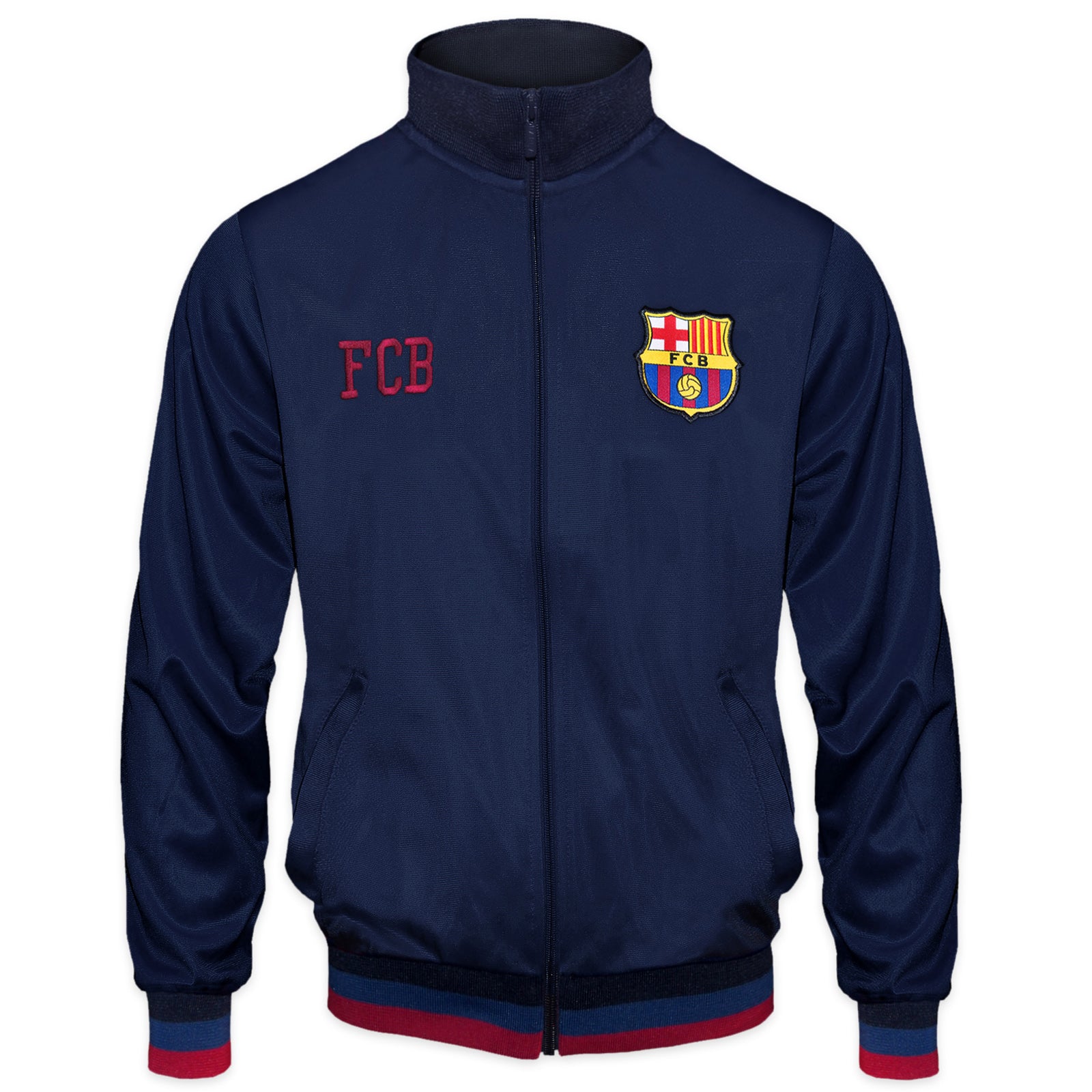 FC Barcelona kids retro track jacket in navy blue with FCB badge to chest.
