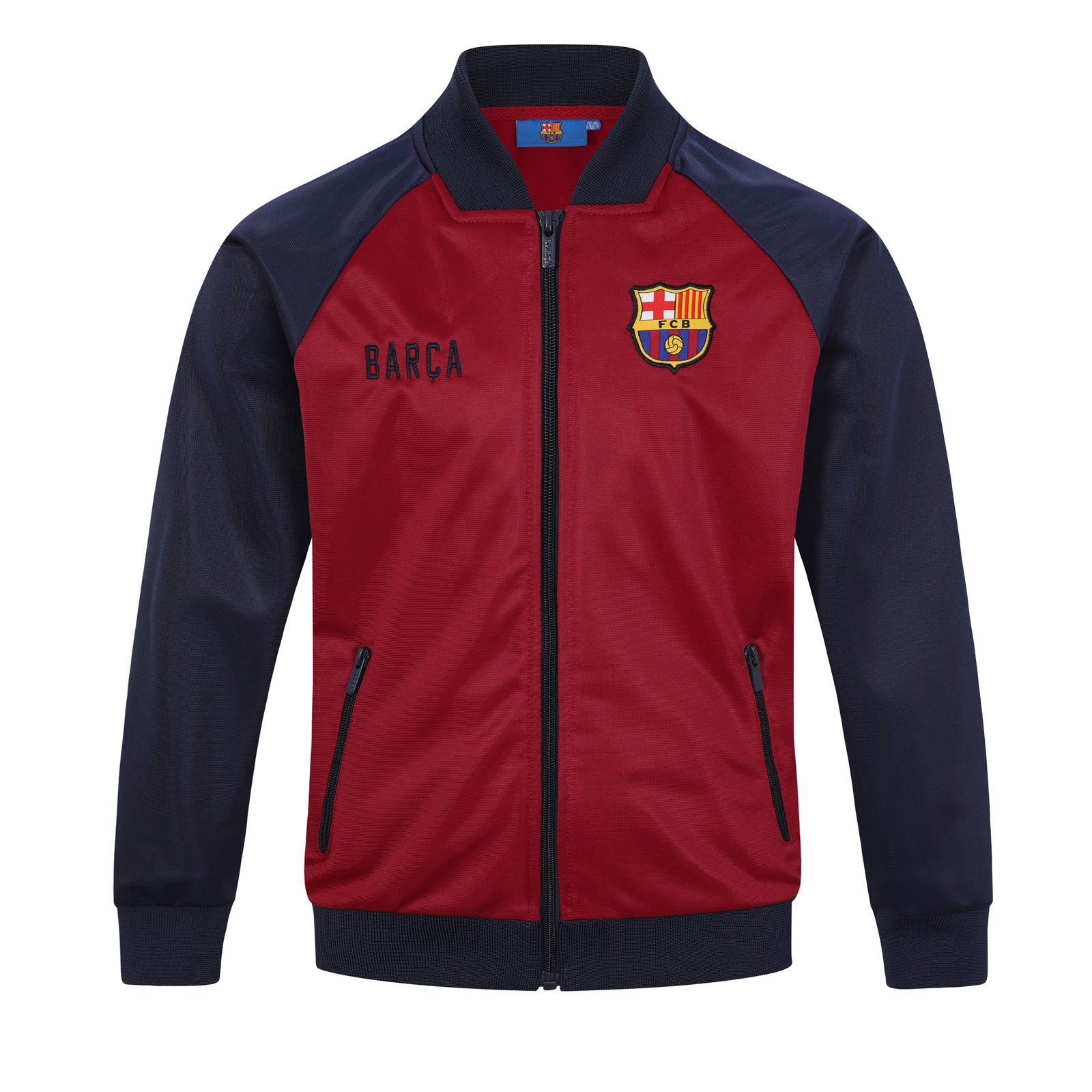 FC Barcelona kids retro track jacket in navy blue with FCB badge to chest.