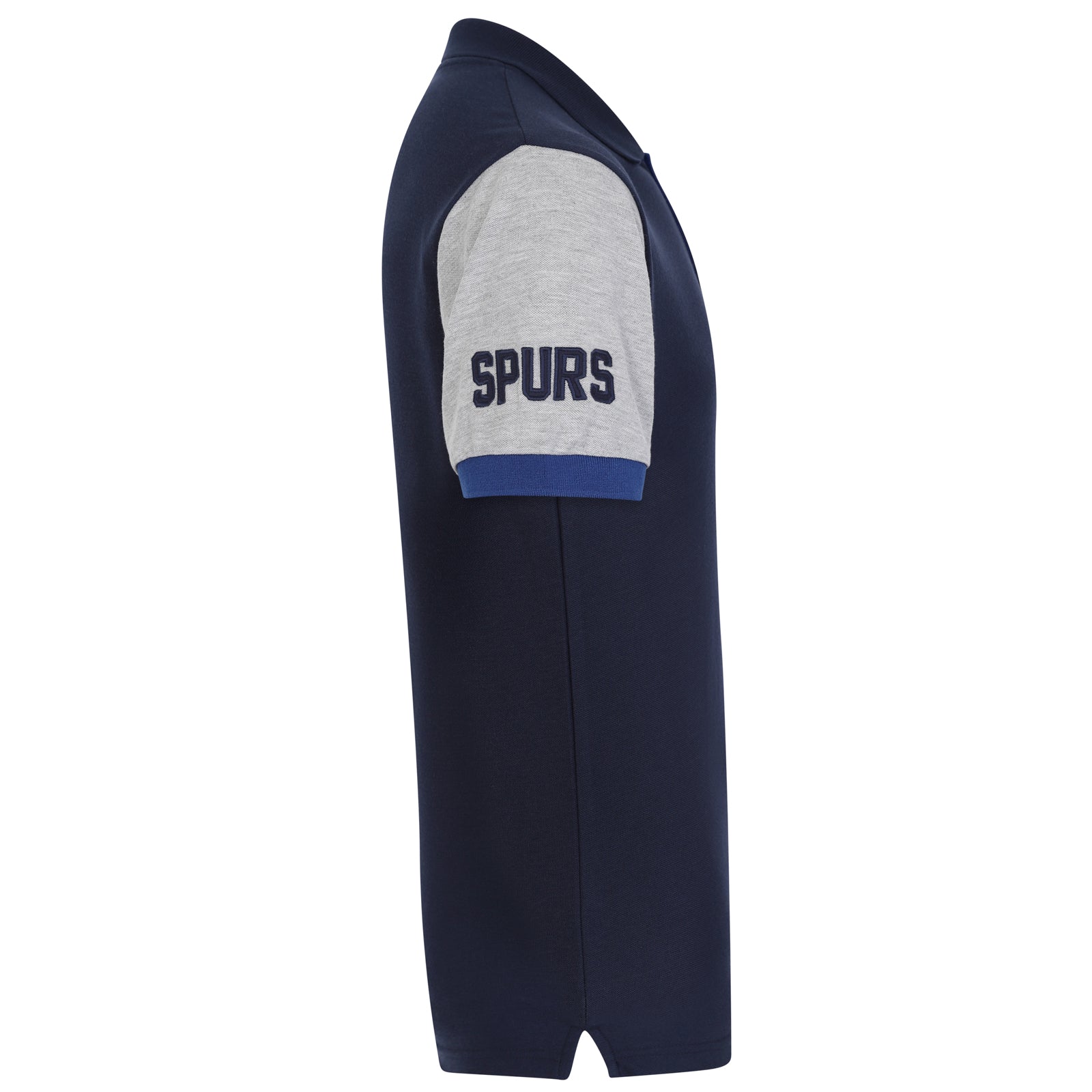 Spurs adults polo shirt in navy blue with contrast sleeve and Spurs badge and text to chest.