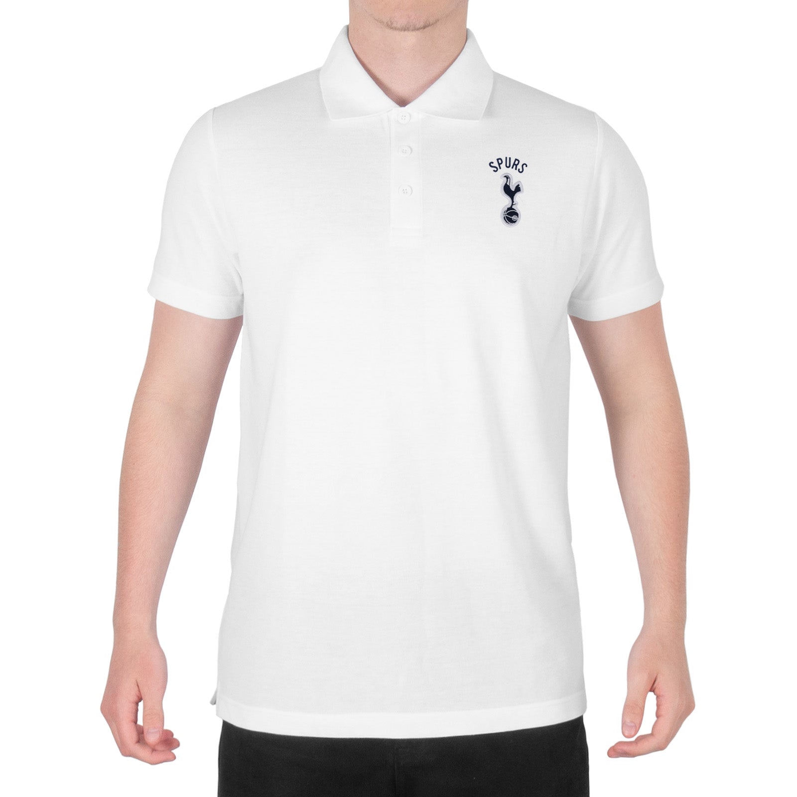 Spurs adults polo shirt in white with Spurs badge and text to chest.