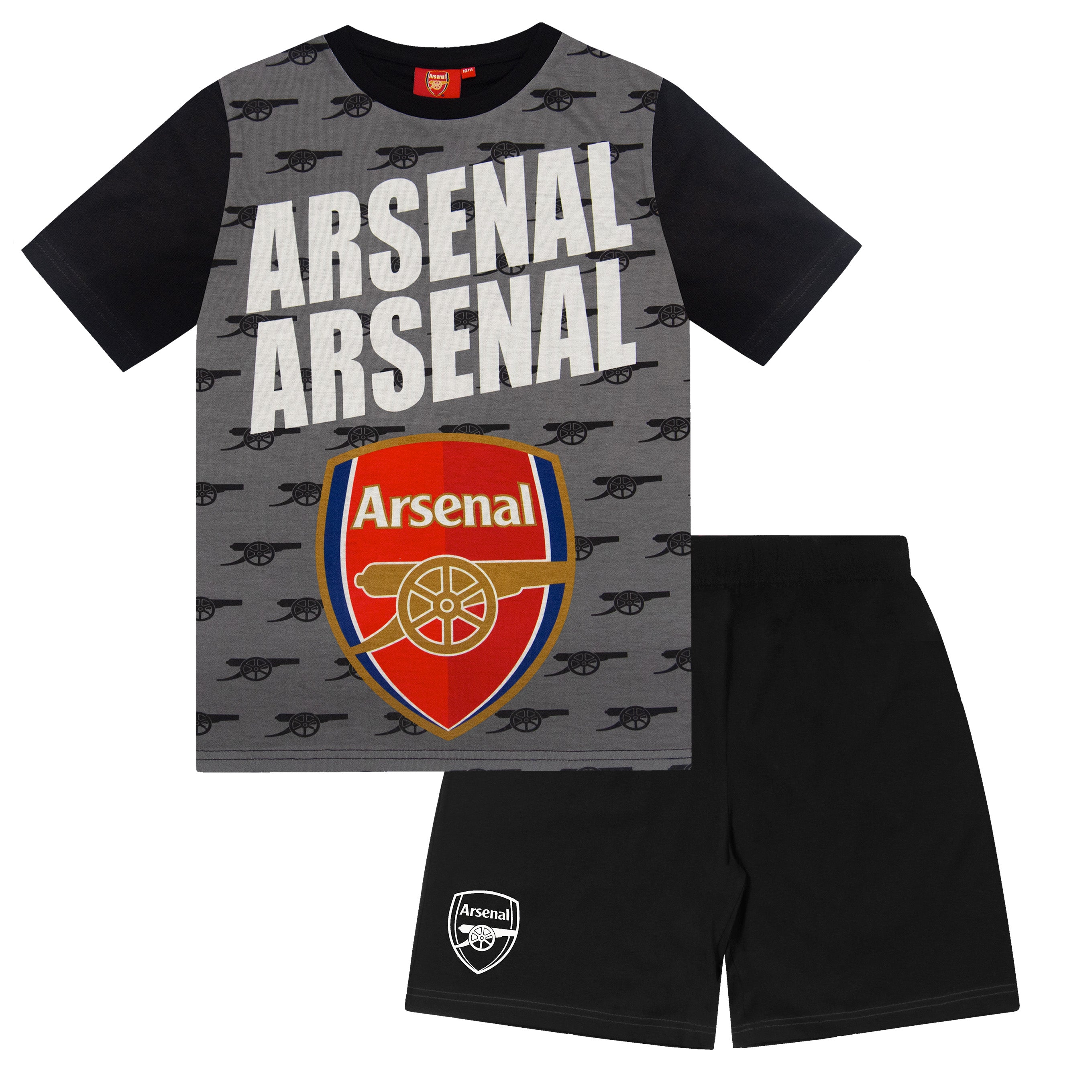 Arsenal kids pyjamas. Short sleeve top in red with branded graphic and pyjama shorts in blue with AFC logo to the left leg
