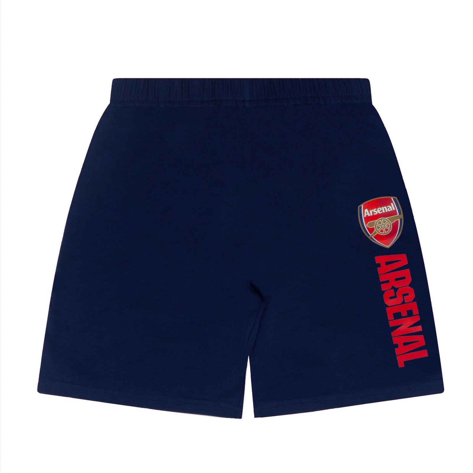 Arsenal kids pyjamas. Short sleeve top in navy blue with large graphic Arsenal club crest and pyjama shorts in navy with club crest and text to the left leg