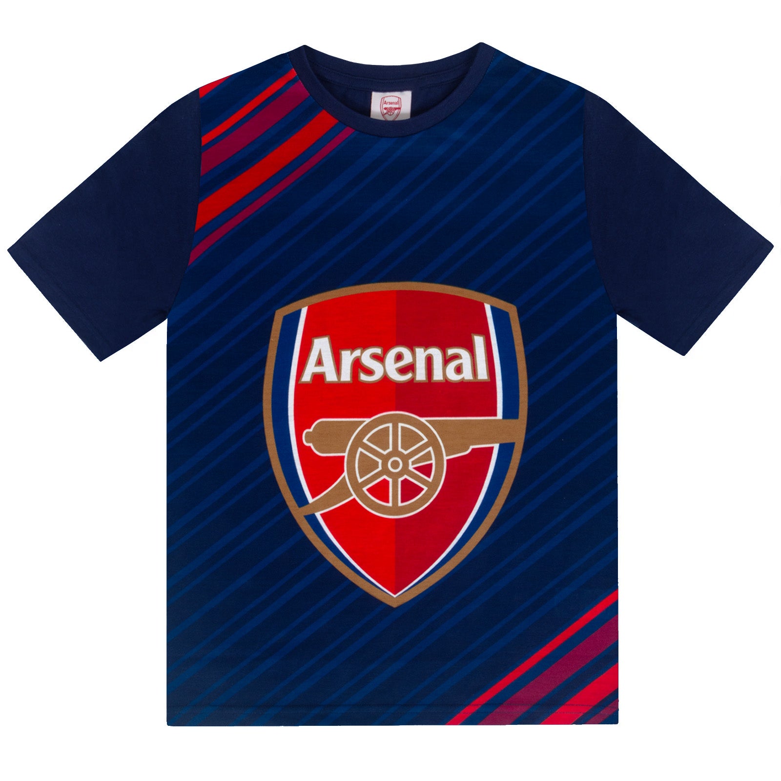 Arsenal kids pyjamas. Short sleeve top in navy blue with large graphic Arsenal club crest and pyjama shorts in navy with club crest and text to the left leg