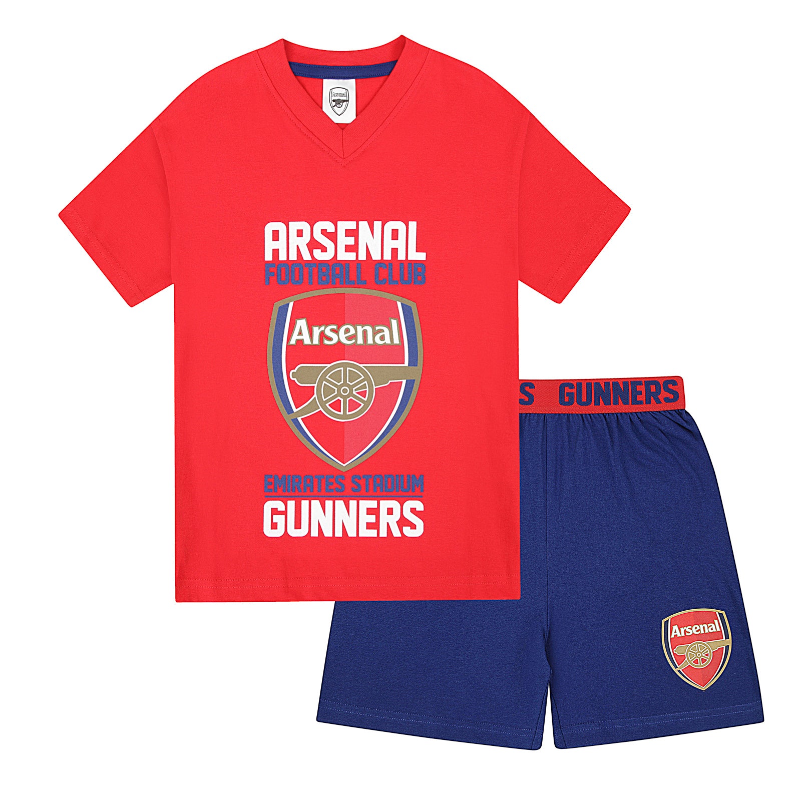 Arsenal kids pyjamas. Short sleeve top in red with branded graphic and pyjama shorts in blue with AFC logo to the left leg